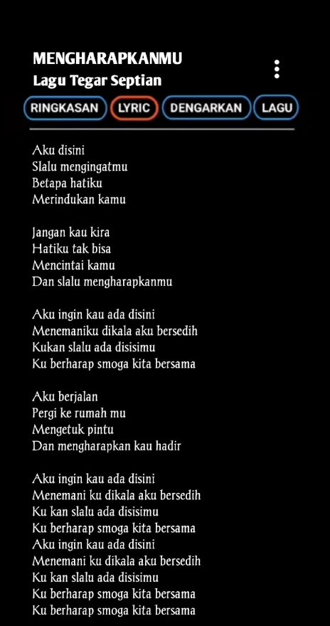 mengharapkanmu - tegar septian #tegarseptian #mengharapkanmu #akuinginkauadadisini #laguviral #laguterbaru #liriklaguviral #fyp #lirikgoogle #mylyrics #lagutrendingtiktok #viraltiktok #lagutrending #lagupopuler #storytime #masukberandafyp 