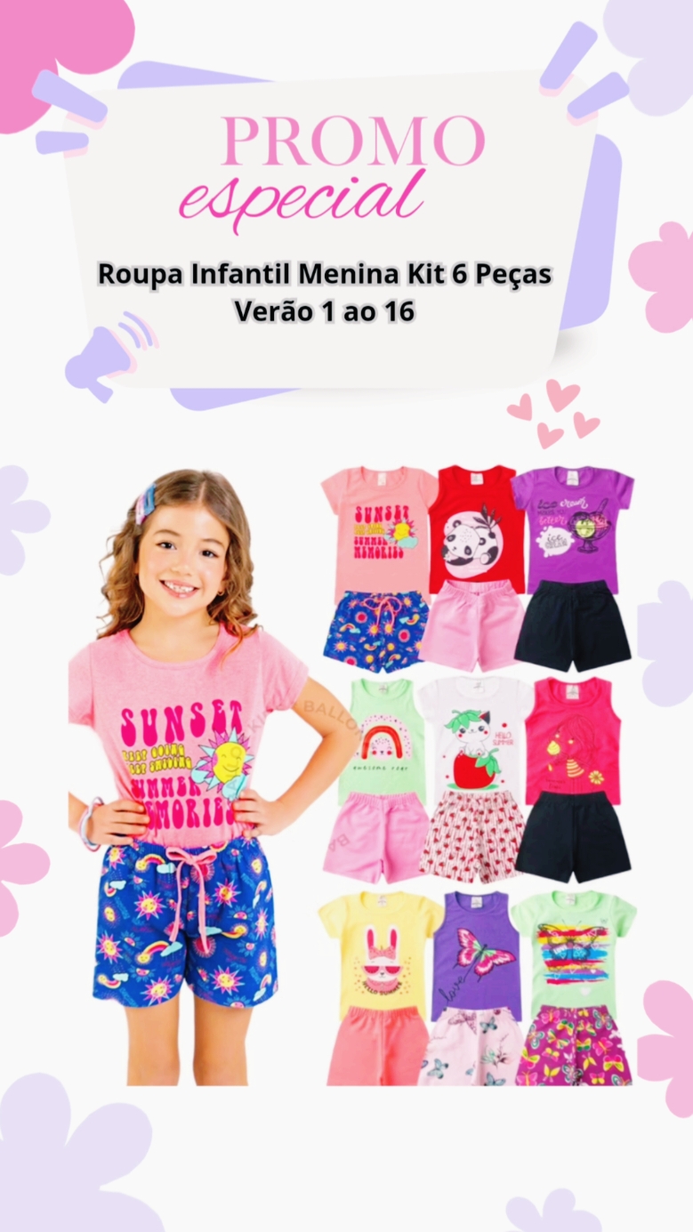 Roupa Infantil Menina Kit 6 Peças Verão 1 ao 16 Conjunto Feminino Criança Pronta Entrega  #roupainfantil  #roupacrianca #roupamenina #kit #conjuntos #roupaverao #achadinhosdashopee #achadosonline #comprinhanashopee 