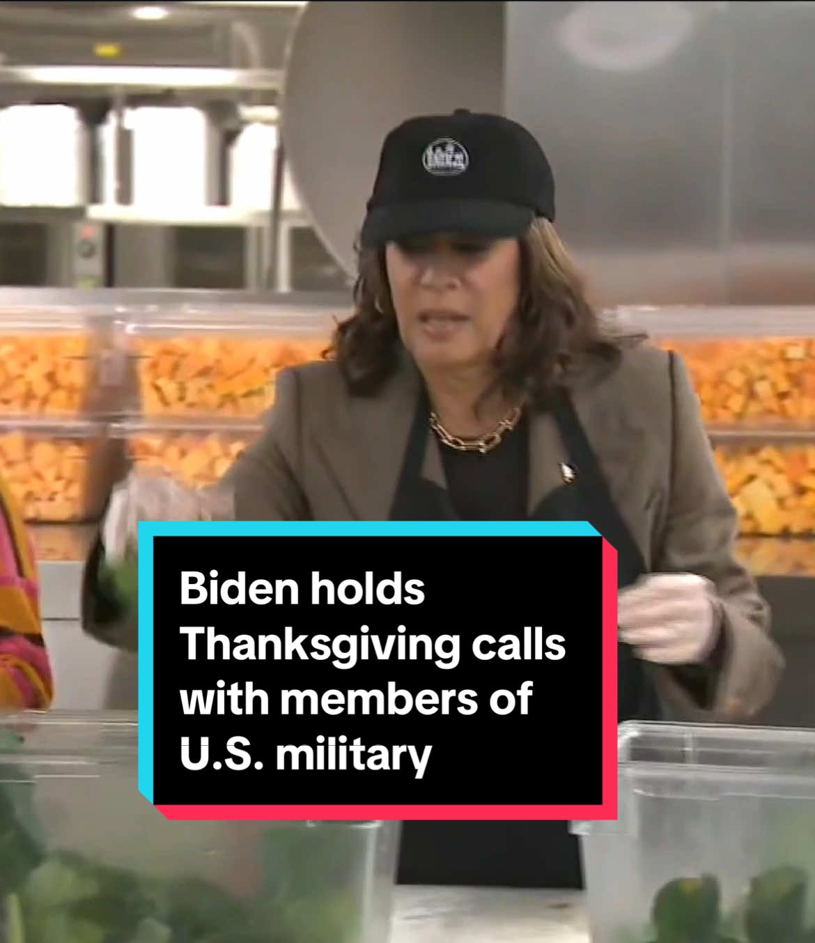 President Biden held Thanksgiving calls with members of the U.S. military stationed around the world thanking them and their families for their service. VP Kamala Harris spent part of her Thanksgiving serving food at D.C. Central Kitchen helping prepare meals for local shelters. #thanksgiving #biden #kamala #military #militarytiktok 