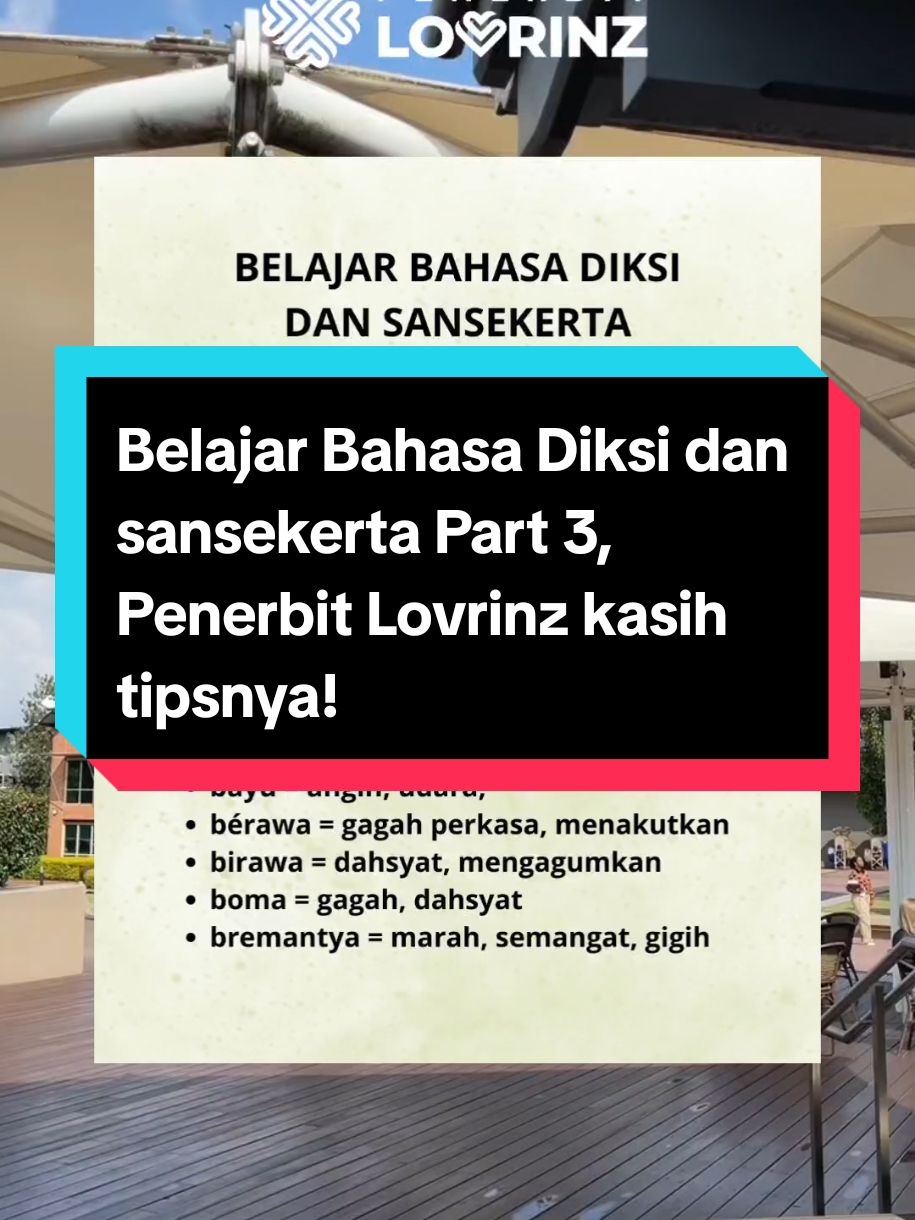 Belajar Bahasa Diksi dan sansekerta Part 3!! Penerbit Lovrinz kasih tipsnya!  Jadi untuk kamu yang mau terbitin buku novel wattpad, AU terbitinnya di Penerbit Lovrinz, ya🥰 Yuk! Segera hubungi Neng ya untuk konsultasi gratis segala permasalahan penerbitan kamu😊  #penerbit #penerbitlovrinz #cetakbuku #penerbitanbuku #penulis #novel #tandabaca #penerbitindie #wattpad #buku #au #tandabaca #eyd #fyp 