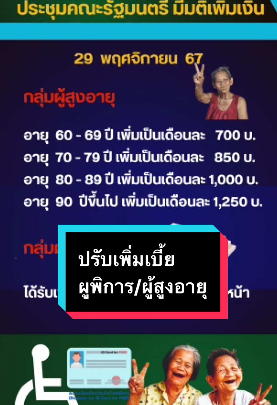 ที่ประชุม #คณะรัฐมนตรี 29/11/67 มีมติ ปรับเพิ่ม #เบี้ยผู้พิการ #เบี้ยผู้สูงอายุ #ข่าวtiktotk #tiktoknews #tiktoknew 