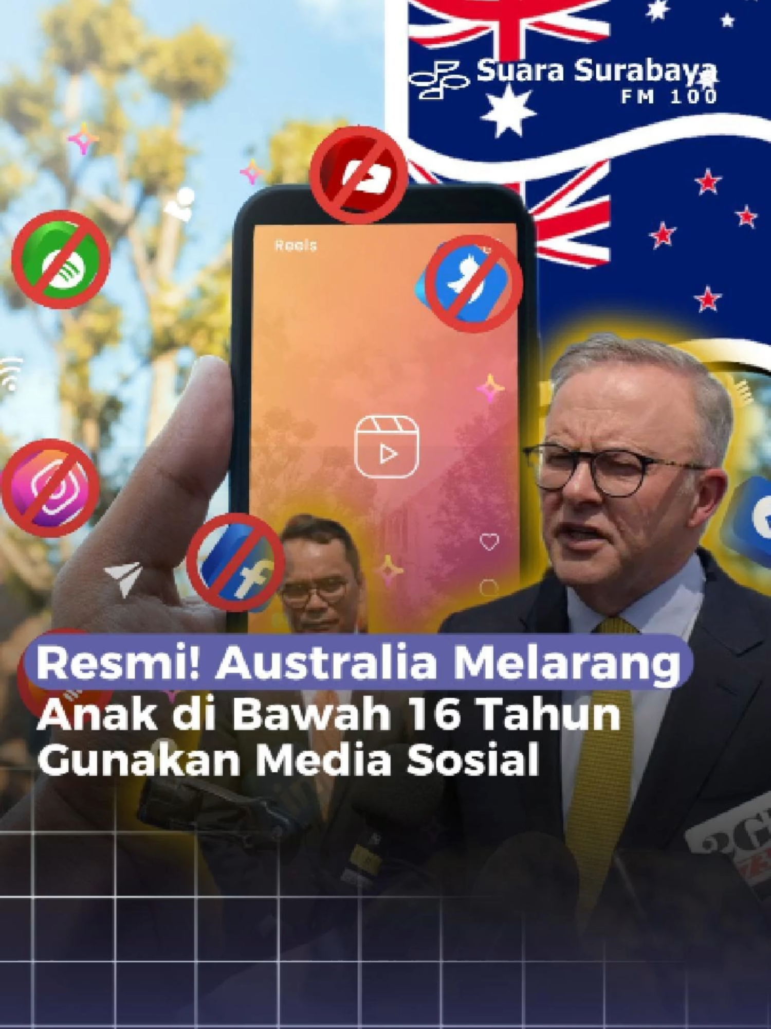 Anthony Albanese Perdana Menteri Australia menyebut pelarangan yang mulai berlaku resmi akhir tahun depan tersebut penting untuk melindungi kesehatan mental dan kemaslahatan anak-anak muda. Pemerintah Australia menegaskan langkah ini diputuskan untuk membantu para orang tua mengendalikan anak-anak mereka yang kecanduan sosial media. Bagaimana menurutmu, mungkin nggak aturan semacam ini diterapkan di Indonesia? Tulis di kolom komentar! #PelanggaranMediaSosial #Anthony Albanese #ParlemenAustralia #SuaraSurabaya #SuaraSurabayaMedia