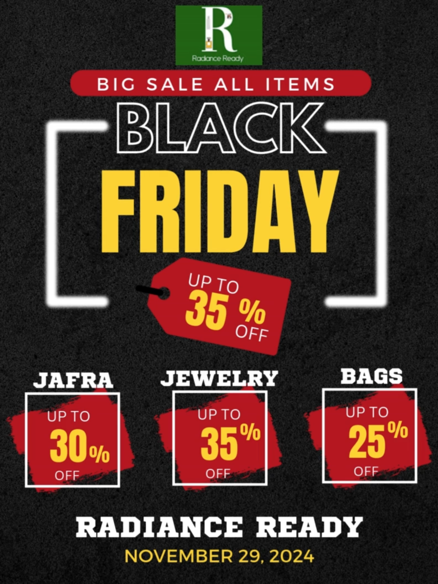 🎉 Black Friday Sale – Unbeatable Deals Await! 🎉 The Black Friday Sale is finally here! Get ready to enjoy 30% OFF on our top products and services. Whether you're shopping for yourself or looking for the perfect gift, this is your chance to save big! 💥 30% OFF on selected items 💥 Exclusive Bundles with extra savings 💥 Limited-Time Flash Deals – Hurry, they won’t last! 💥 Free Shipping on orders over $100! Don't miss out on this once-a-year opportunity to grab the best deals at unbeatable prices. The clock is ticking – shop now and make this Black Friday one to remember! Shop Now : https://radianceready.com/ Shop Now: https://www.getradianceready.com/ #radianceready #JewelryOfTheDay  #JewelryCollection #jewelryaddict  #jewelrydesigns #JewelryOfTheDay #luxuryjewelry #FineJewelry #handmadejewelry #jewelrylovers #fashionjewelry #giftforher #shoplocalpdx #jewelry #shopsmallbussines #HolidayGiftGuide #giftideas #trendingnow #diamondjewelry #musthave #instajewelry #gemstonejewelry #GoldJewelry #YogaBand #FitnessGear #ElasticBand #StretchBand #WorkoutEssentials #TPEFitness #ExerciseGoals #CraftingMagic #AccessoryGoals #thanksgiving #turkey #juicewrld #fypシ゚viral #fyp #foryou #fypシ #CapCut #FashionEarrings #RhinestoneJewelry #wicked #blackfriday