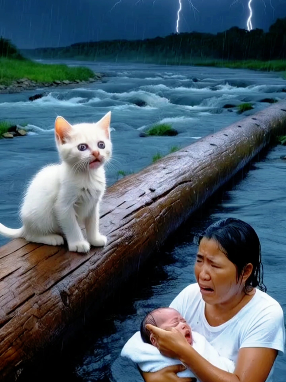 Cute Kitten rescues the cute baby from river 😍 #kitten #baby 