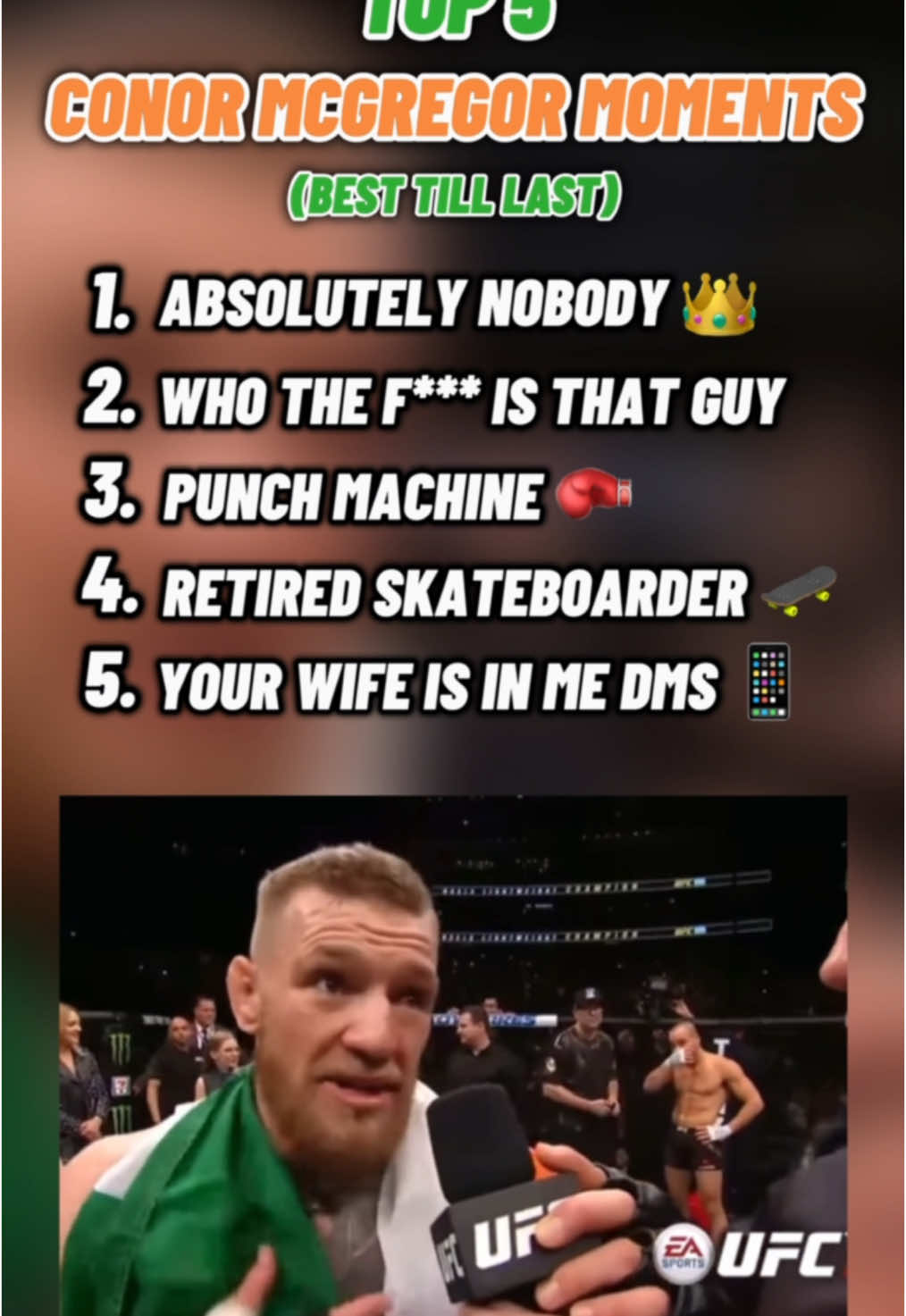 Top 5 Conor McGregor Moments 🇮🇪 #fyp #foryou #foryoupage #top5 #moments #viral #xybca #funnymoments #conor #mcgregor #conormcgregor #UFC #mma #funny 