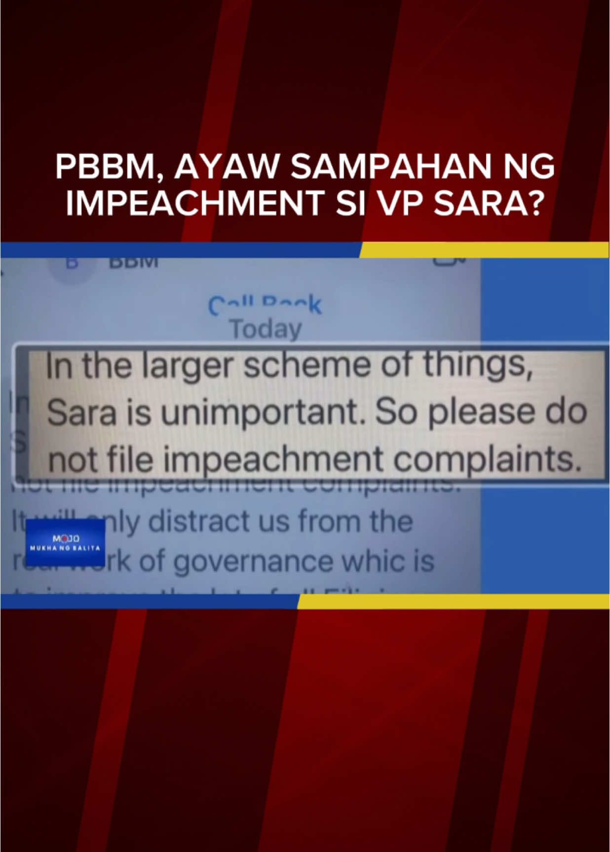 PBBM, AYAW SAMPAHAN NG IMPEACHMENT SI VP SARA? Mismong si Pres. #BongbongMarcos na ang naghimok sa mga mambabatas na huwag nang ituloy ang #impeachment complaint laban kay Vice Pres. #SaraDuterte. | via #MOJO Julie Baiza #oneph #newsph #SocialNewsPH