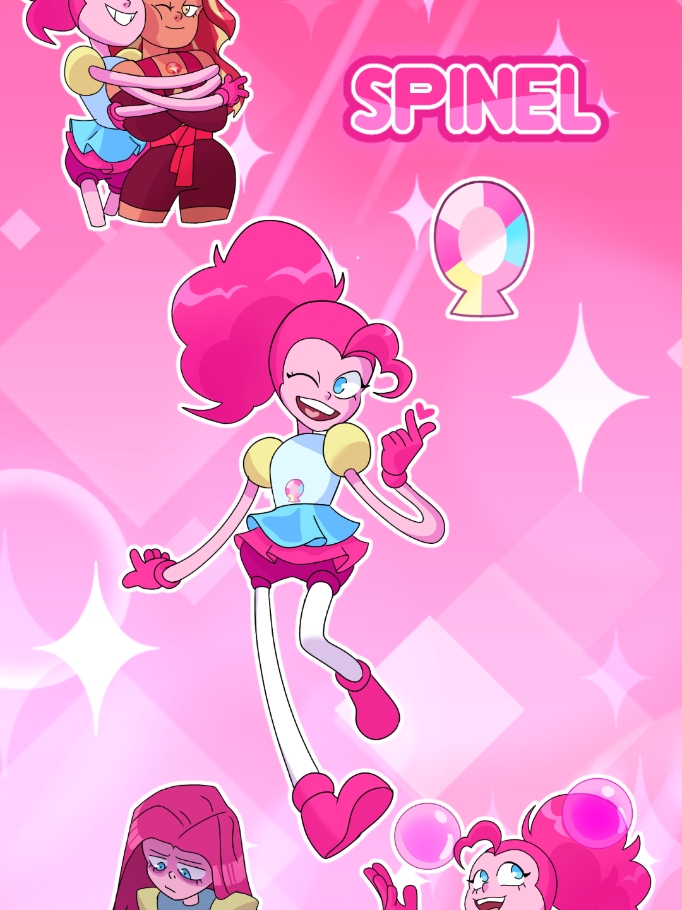 🩷Pinkie Pie as Spinel Steven Universe x My Little Pony - MLP Gemsonas  Spinel is the beating heart of the Harmony Empire, responsible for keeping spirits high and creating an environment where everyone can live in harmony and happiness. Her role is crucial in difficult times, as she knows how to turn any tense situation into an opportunity for fun and connection. With her boundless energy and limitless creativity, Spinel organizes the most extravagant balls and celebrations, using music, games, and decorations to inspire the Gems. Her parties are not just social events; they are carefully planned moments to revitalize the Gems. She is rarely seen walking normally, preferring to bounce and twirl joyfully with her elastic limbs. The gem located on her navel symbolizes her deep empathy and emotional connection with others. Pinkie Spinel is highly attuned to the feelings around her, able to understand and embrace even the most difficult emotions. However, this emotional sensitivity also makes her vulnerable, leading to the manifestation of her counterpart, 