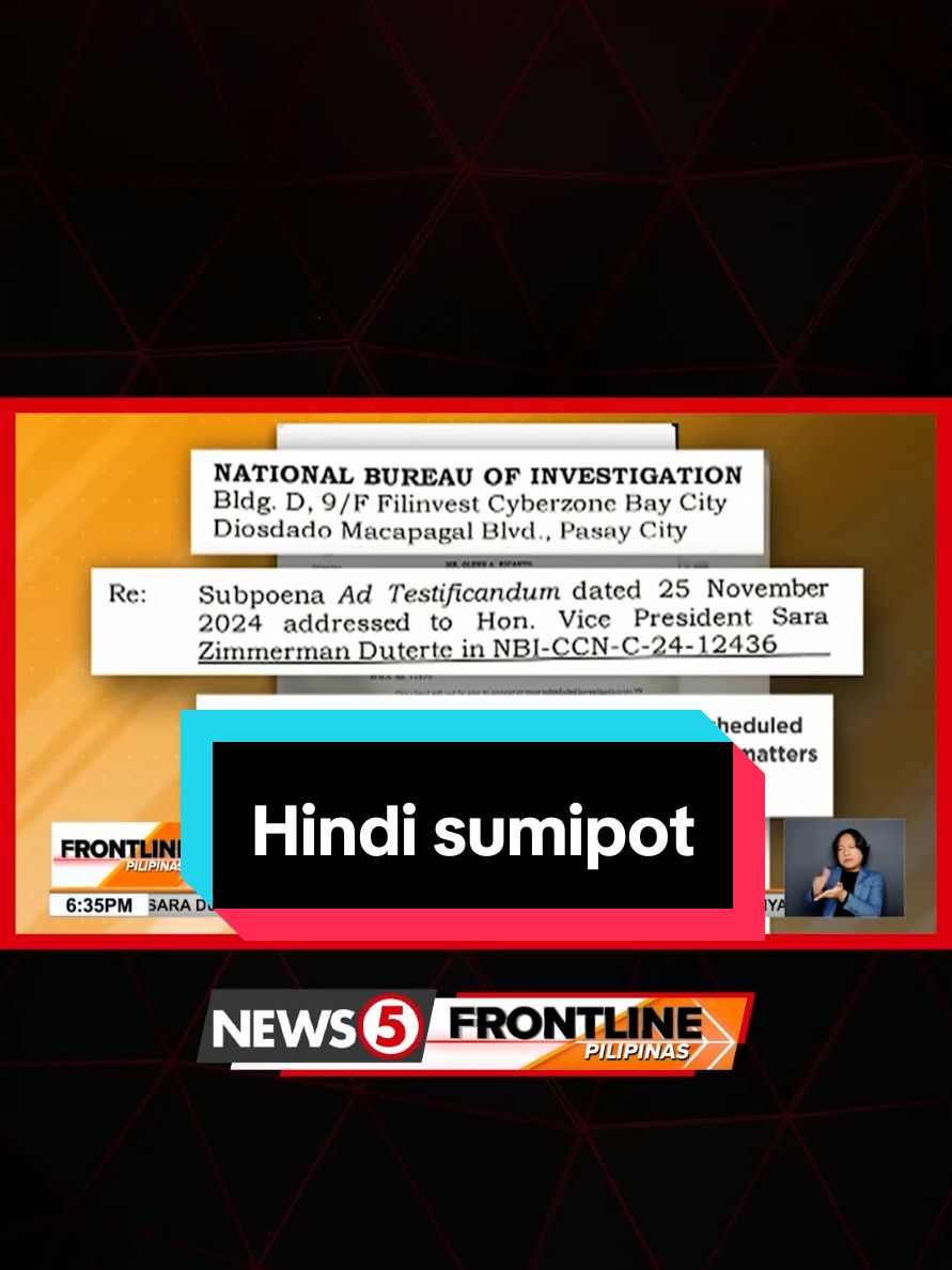 Hindi sumipot si Vice Pres. Sara Duterte sa subpoena ng National Bureau of Investigation #NBI tungkol sa banta niya kay Pres. Bongbong Marcos. No-show na nga ang bise, mayroon pang dalawang kahilingan. #FrontlinePilipinas #News5 #BreakingNewsPH 