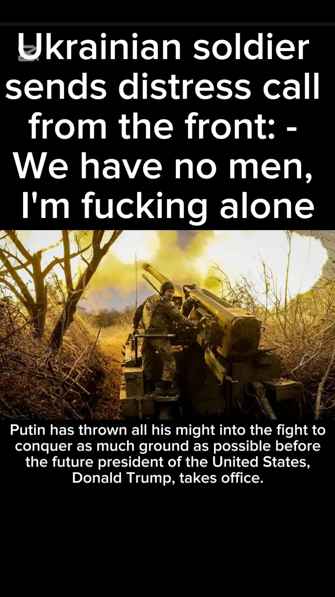 an unprecedented extent . The government in Kyiv's primary focus has so far been to get more Western weapons to the front line, but the Russian advance means that the lack of combat-ready Ukrainians has become a massive problem for the war-torn country. - It's going really, really badly. The front line is collapsing in several places due to a lack of soldiers. Even if the US decides to continue supplying Ukraine with weapons, it does not change the fact that Ukraine is running out of soldiers, he says. We have no men. I'm fucking alone, I'm fucking tired Kotya', soldier in the 15th National Guard of Ukraine Observers point out that Putin has recently thrown all his forces – and men – into the fight to conquer as much ground as possible before the future president of the United States, Donald Trump, takes over the White House on 20 January Trump announced during the election campaign that he will make peace between Russia and Ukraine with the stroke of a pen within 24 hours . - I'm fucking alone Several soldiers in Ukraine's 15th National Guard confirm to CNN that the situation with manpower shortages at the front line is critical . - We need soldiers to fight and hold our ground. That is why we see the enemy penetrating exposed areas, says the soldier nicknamed 'East'. His mate 'Koshei' voices in: - I have no idea how much time we have. If we have anything at all. Right now the enemy is pushing forward as many troops as possible towards the front line and is advancing violently in no time Soldier 'Kotya' pleads with his peers to pull on the shirt and join the frayed units at the front. - We have no men. I'm fucking alone, I'm fucking tired. I love my job - regardless of all the bad things that come with it. But we need other young men who also love this job, he says to CNN. The media The Economist estimated the other day that Ukraine has lost between 60,000 and 100,000 soldiers since the war began in November 2022. The media writes that up to 400,000 Ukrainians have been so badly wounded that they cannot fight on. The US is pressuring Zelensky Several media - including the Financial Times and ABC News - write that President Biden's administration has now begun to put maximum pressure on the crash in Kyiv to lower the conscription age from 25 to 18 years. The calculation is that Ukraine is not training enough soldiers to cover the heavy losses the army is suffering on the battlefield. At the same time, Russian President Vladimir Putin has spent billions of rubles recruiting volunteer soldiers and increased the manning level in Russia's army to 1.5 million active soldiers. Ukraine is being overrun by Russian forces in many places and that is why this approval for landmines has been given by the US. It is important to add that the mines are of a type that is deactivated over time. They have a built-in battery that runs out and then they become harmless. In addition, it is mines that Ukraine must use on Ukrainian soil. Anti-personnel mines are a much-discussed topic, but now they have decided to do it anyway in Ukraine, as the country is under such pressure at the front line. #Ukraine #russia #war #nato #putin #Zelenskyy #ww3 #unitedstates 