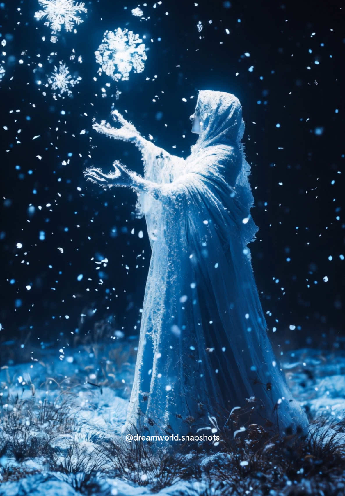 Under the winter moon, she weaves dreams from snowflakes and starlight.   #WinterMagic #DreamWeaver #SnowCatcher #FantasyArt #MagicalRealism #WinterDreams #MoonlitScenes #EtherealVibes #ArtInspiration #MythicalCreatures #SnowyNights #WinterAesthetic #DreamlikeArt #FantasyLover #MysticalWinter