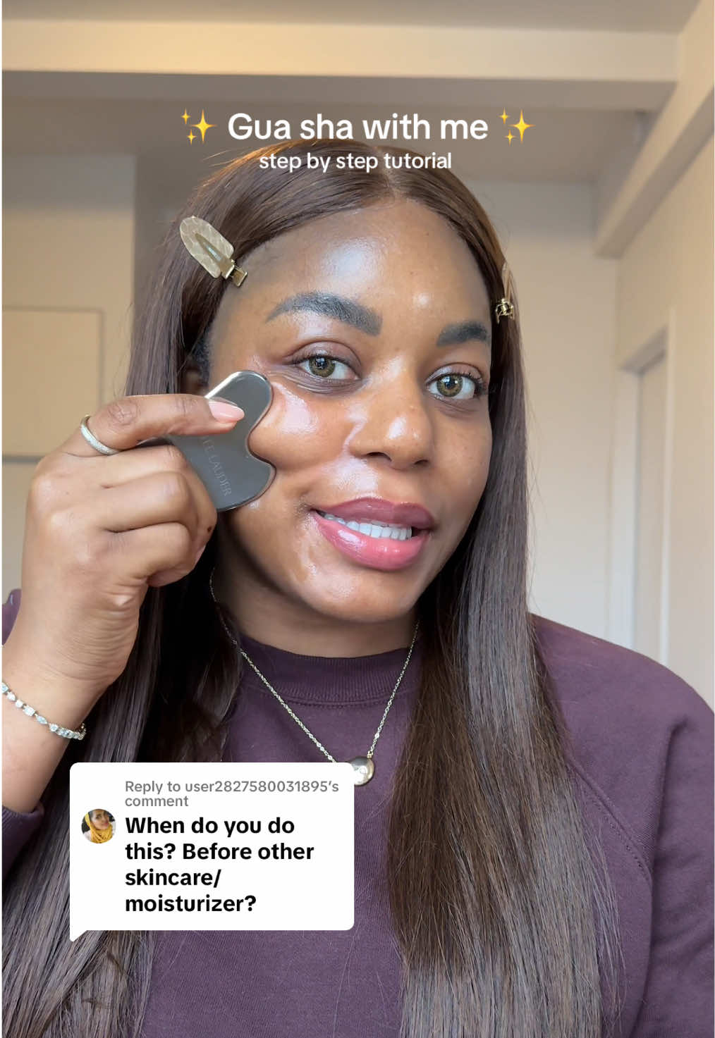 Replying to @user2827580031895 Gua Sha with me with a step by step tutorial ✨✨   . . . . . . #guasha #guashatutorial #guashawithme #guashatips #fyp  . . . . . gua sha face sculpting, gua sha tutorial, gua sha routine, gua sha before and results, gua sha facial, gua sha lymphatic drainage, gua sha for double chins, gua sha jawline