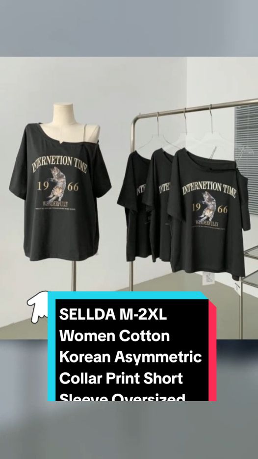 SELLDA M-2XL Women Cotton Korean Asymmetric Collar Print Short Sleeve Oversized T-Shirt under ₱198 pesos! Don't miss out! Tap the link below! #womentops #TikTokShop #tiktokph #tiktokaffiliate #TikTokFashion #tiktokfinds #LearnOnTikTok 