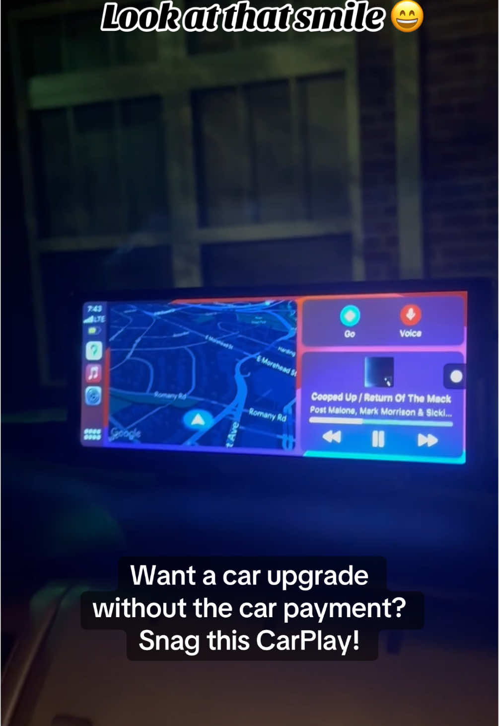 Look at tbat smile! Old car? Upgrade with this carplay! So many feautures including model with backupcamera! #carplay #upgrade #carupgrade #carmakeover #giftsforhim #giftsforher #giftguide #tiktokshopfinds 