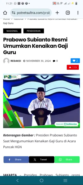 JAKARTA – Presiden Prabowo Subianto resmi mengumumkan kenaikan gaji guru baik yang berstatus Aparatur Sipil Negara (ASN) maupun guru non ASN. Hal ini disampaikan Prabowo pada acara puncak Hari Guru Nasional (HGN) di Velodrome, Jakarta pada Kamis (28/11/2024). Di momen Hari Guru Nasional tersebut, Prabowo Subianto menyampaikan komitmennya untuk meningkatkan kesejahteraan guru. “Saya merasa agak tenang berdiri di hadapan para guru karena saya bisa menyampaikan bahwa kita walaupun baru berkuasa satu bulan kami sudah bisa mengumumkan bahwa kesejahteraan guru bisa kita tingkatkan,” ujar Prabowo yang diikuti dengan tepuk tangan meriah para guru yang hadir di acara puncak Hari Guru Nasional. Prabowo Subianto menjelaskan, yang akan ditingkatkan kesejahterannya tersebut bukan hanya guru yang berstatus ASN. Namun juga guru-guru yang masih berstatus non ASN akan ditingkatkan kesejahterannya. “Kita telah meningkatkan anggaran untuk meningkatkan kesejahteraan guru ASN yang berstatus PNS dan PPPK, serta guru-guru non ASN,” jelasnya. Presiden RI ke 8 itu mericinkan, untuk guru-guru ASN baik PNS maupun PPPK akan mendapatkan tambahan kesejahteraan sebesar 1 kali gaji pokok. Sedangkan guru-guru non ASN nilai tunjangan profesinya akan ditingkatkan menjadi Rp 2 Juta per bulan. Prabowo juga menambahkan, Pemerintah melalui Kementerian Keuangan meningkatkan anggaran pendidikan sebesar Rp 16,7 triliun. “Anggaran untuk kesejahteraan guru ASN dan Non-ASN naik pada tahun 2025 menjadi Rp 81.6 triliun. Naik Rp 16,7 triliun untuk kesejahteraan guru,” ucapnya.