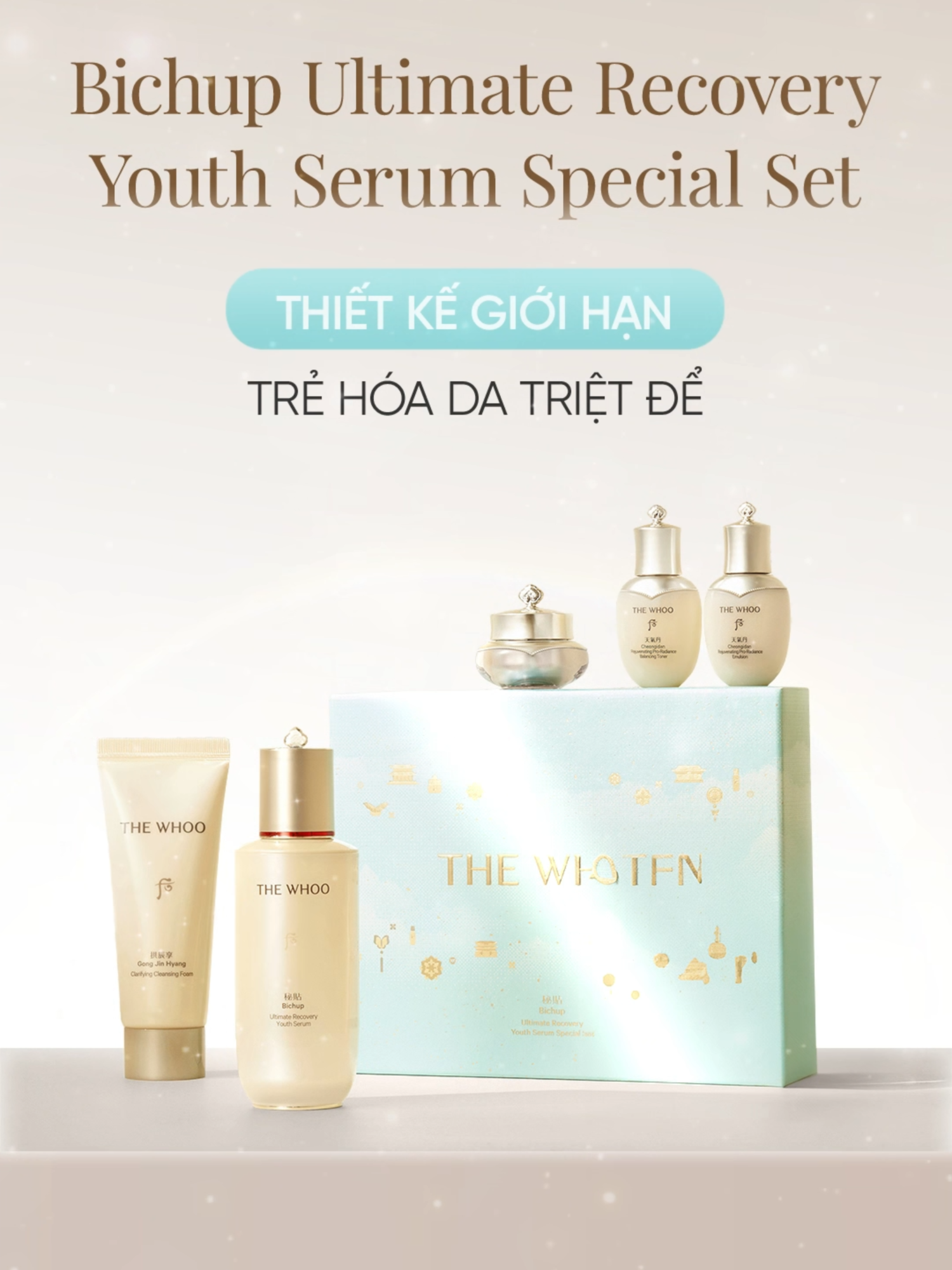 BICHUP ULTIMATE RECOVERY YOUTH SERUM SET PHIÊN BẢN GIỚI HẠN THIẾT KẾ GIỚI HẠN - TRẺ HÓA DA TRIỆT ĐỂ ✨THE WHOO chào đón phiên bản nâng cấp hoàn toàn mới với hộp quà giới hạn màu xanh hồ nước. Thiết kế hộp nổi bật với hình ảnh hồ trong xanh kết hợp với những ngọn núi ẩn hiện, cùng các họa tiết tinh tế, thể hiện sự kết hợp hoàn hảo giữa bí quyết làm đẹp hoàng gia và công nghệ hiện đại, giúp trẻ hóa làn da cho các nàng