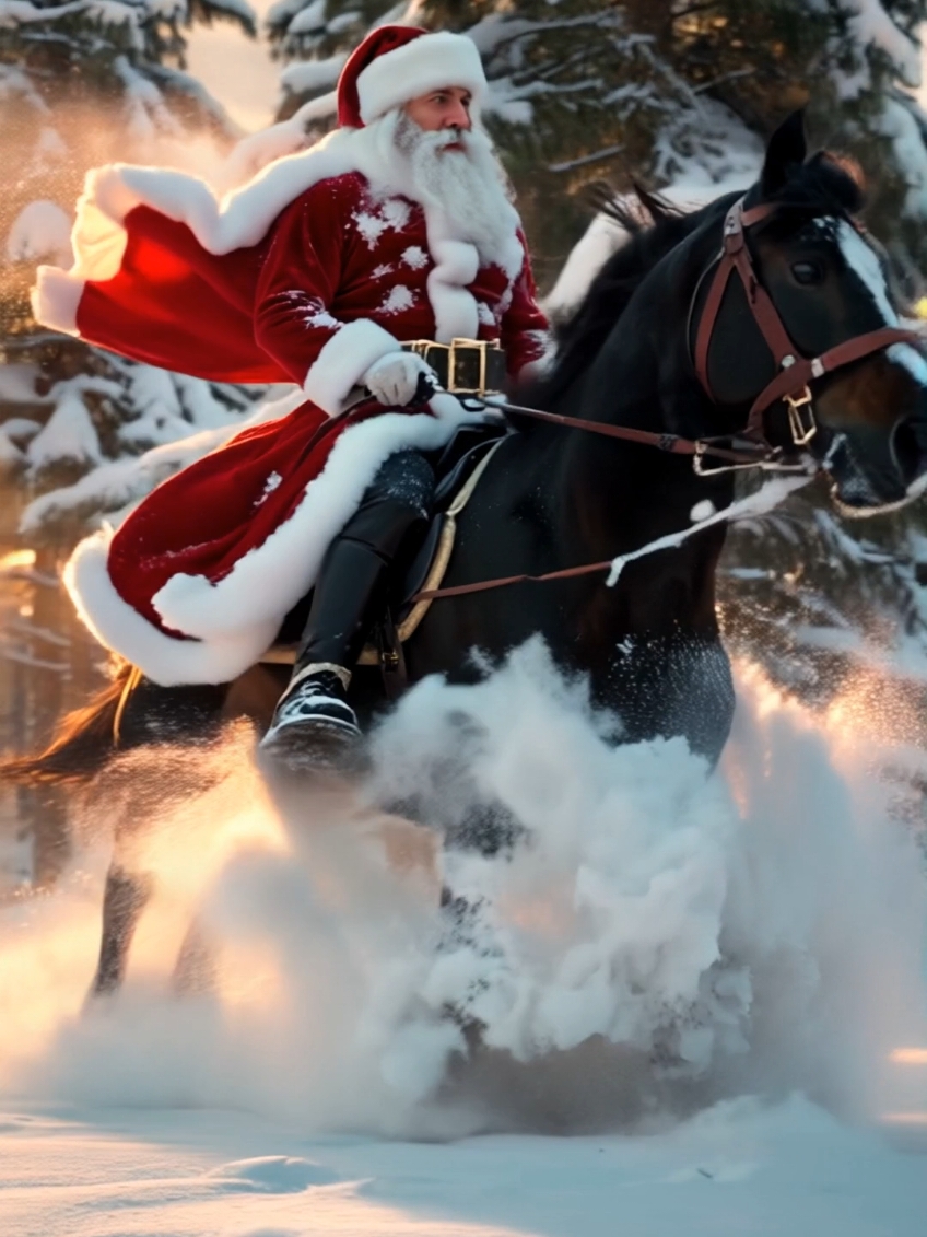 A thundering stallion charges through the snowy forest, carrying the fearless Santa Claus. Snow swirls like magic in the golden glow of sunset, as if the very winter night bows to his power. Witness the legend in motion—an unstoppable force of Christmas spirit! #SantaUnleashed #EpicHolidayRide #WinterLegends #MajesticChristmas #SnowstormMagic #SantaPower #HolidayDreamscape #EpicFantasy #ChristmasMagic #FYP