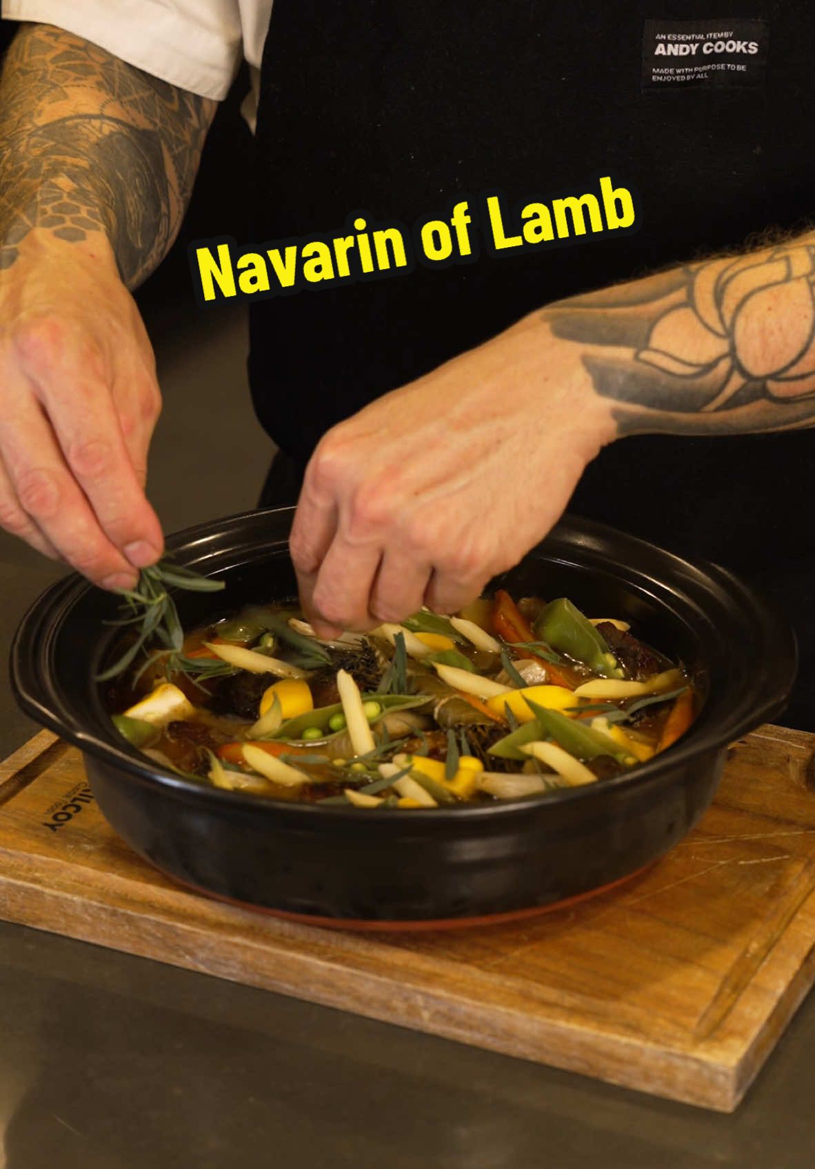 Navarin of Lamb Ingredients: - 1.5kg (3 lb 5 oz) boneless lamb leg or rump, cut into 3cm (1¼-inch) cubes - 1 brown onion, diced - 4 garlic cloves, finely diced - 2 tbsp (30 ml) plain flour - 200ml (7 fl oz) white wine - 500ml (17 fl oz) chicken or lamb stock - salt, to taste - small bunch of parsley - small bunch of rosemary - small bunch of thyme - 10 baby potatoes, halved - 4 baby carrots, peeled and cut into thirds - 2 yellow squash, cut into sixths - 12 yellow or green beans, halved - 10 snow peas, halved - 6 baby onions, halved - small bunch of tarragon, for garnish Method: 1. Preheat your oven to 160°C (fan) / 140°C (gas mark 3) / 325°F. 2. Season the diced lamb with salt on all sides. Heat a frying pan over medium to medium-high heat and add the lamb. Start with the fat side down to render the fat, then brown the lamb on all sides. 3. Remove the lamb from the pan and place it into an oven-safe Dutch oven or a pan with a lid. 4. Add the diced onion to the frying pan and sauté for 3–4 minutes until lightly golden. 5. Add the garlic, stir through, then sprinkle over the flour. Cook for 2 minutes, stirring constantly. 6. Deglaze the pan with the white wine, followed by the stock. Stir well to avoid lumps in the mixture. 7. Season the stock lightly with salt (it may reduce in the oven, intensifying the flavours). 8. Tie the parsley, rosemary, and thyme into a bouquet garni, and place it on top of the lamb. 9. Pour the stock and onion mixture over the lamb. Cover the dish and place it in the oven for 1 hour. 10. After 1 hour, add the hard vegetables (potatoes, baby onions, and carrots) to the pan. Return it to the oven and cook for another 30 minutes. 11. After 30 minutes, remove the pan from the oven and add the remaining vegetables (yellow squash, snow peas, and yellow beans). Cook for an additional 10–15 minutes. 12. Remove from the oven, discard the bouquet garni, and garnish with fresh tarragon. Serve warm. #cooking #Recipe #dinner #howto #lamb 