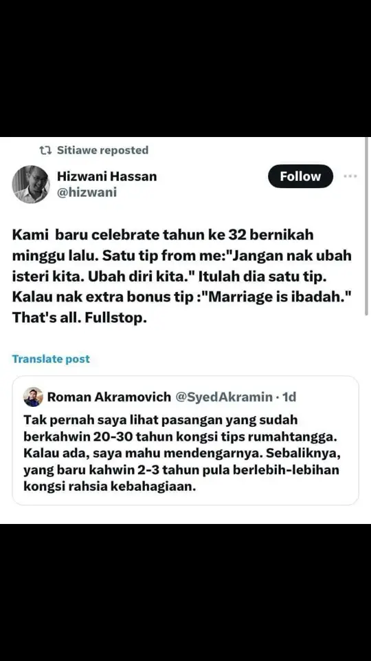 Xpernah terlintas atau terpikir untuk berkahwin Xkahwin pun xpe Tp tulah Allah tetapkan jodoh di umur 36 tahun dan dikurnikan anak umur 38 tahun Lebih suka mendengar nasihat dari orang yg jauh berpengalaman Ambil nasihat mereka demi keharmonian rumah tangga Semoga rumah tangga dan keluarga kita sentiasa dalam sakinah, mawaddah dan rahmah ♥️ #sakinahmawaddahwarahmah  #syukuralhamdulillah  #thankyouallahforeverything🤲❤️🕋 