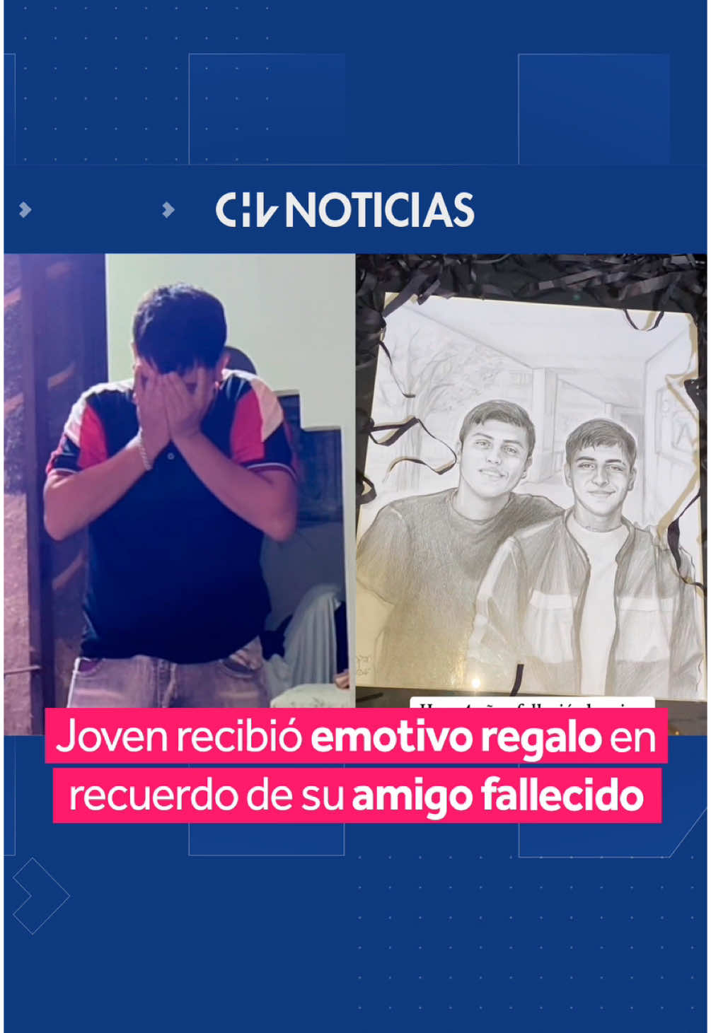 ¡JUSTO EN EL CORAZÓN! ❤️  🥺 Un joven fue sorprendido por su novia con un emotivo regalo en recuerdo de su mejor amigo, quien falleció hace cuatro años. 😢 En la imágenes se puede apreciar la inesperada reacción del hombre, quien al ver el retrato dibujado no pudo evitar emocionarse y botar unas lágrimas. ❤️‍🩹 El registro se viralizó en redes sociales y conmovió a los usuarios, quienes no tardaron en compartirlo destacando el hermoso gesto de la mujer con su novio. #CHVNoticias #ViralCHV 