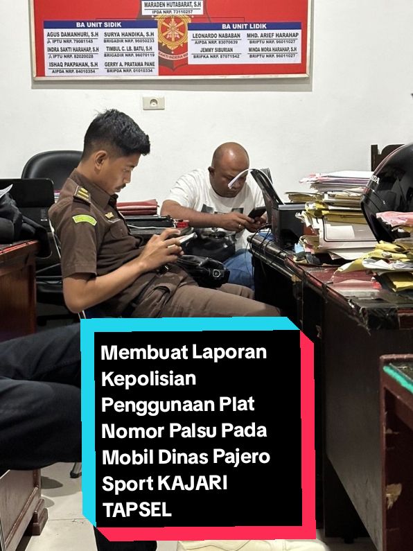 Laporan Kepolisian Penggunaan Plat Nomor Palsu pada Mobil Dinas Kepala Kejaksaan Negeri Tapanuli Selatan.