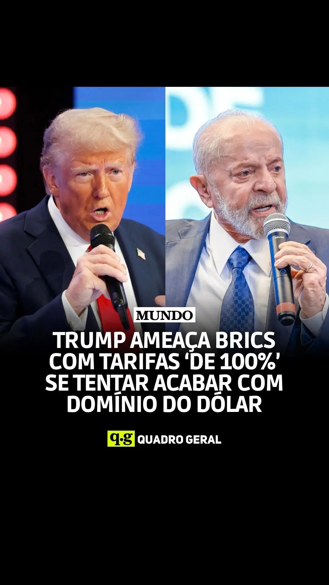 ☑️ O presidente eleito dos Estados Unidos, Donald Trump, declarou neste sábado (30) que imporá tarifas de 100% aos países do grupo BRICS caso avancem em iniciativas que busquem reduzir o domínio internacional do dólar americano. A ameaça foi feita em sua rede Truth Social e tem como alvo o grupo composto por Brasil, Rússia, Índia, China e África do Sul, além de novos membros como Irã e Emirados Árabes Unidos. Foto: Lula - Foto: Ricardo Stuckert/PR) Foto: Trump - Foto: Marco Bello/Reuters