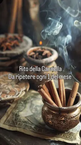 Il *rito della cannella* il primo del mese è una pratica popolare utilizzata per attirare prosperità e abbondanza. Ecco come puoi eseguire questo semplice ma potente rito: Procurati Polvere di cannella - È importante avere una chiara intenzione di ciò che desideri attrarre nella tua vita.    - Il primo giorno del mese, trova un momento tranquillo in cui puoi concentrarti senza distrazioni.    - Tieni un po' di polvere di cannella nella tua mano destra.    - Mentre tieni la cannella, chiudi gli occhi e focalizza la tua mente sulle intenzioni positive. Visualizza l'abbondanza e la prosperità che desideri attrarre nella tua vita.    - Puoi ripetere un'affermazione come: 