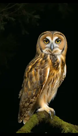 A stunning close-up footage of an owl, perched gracefully on a moss-covered branch, owl look gracefully at the camera, showcasing its striking facial features and intricate feather patterns. The owl's large, expressive eyes are filled with a captivating golden hue, reflecting the light beautifully. The background is softly blurred to emphasize the owl's details, with hints of a moonlit night sky, enhancing the overall atmosphere. The feathers exhibit rich shades of colors, creating a mesmerizing contrast against the dark backdrop 🙏 - #wallpaper #livephoto #livewallpaper #owl #nature #lemur #aiwildlife 