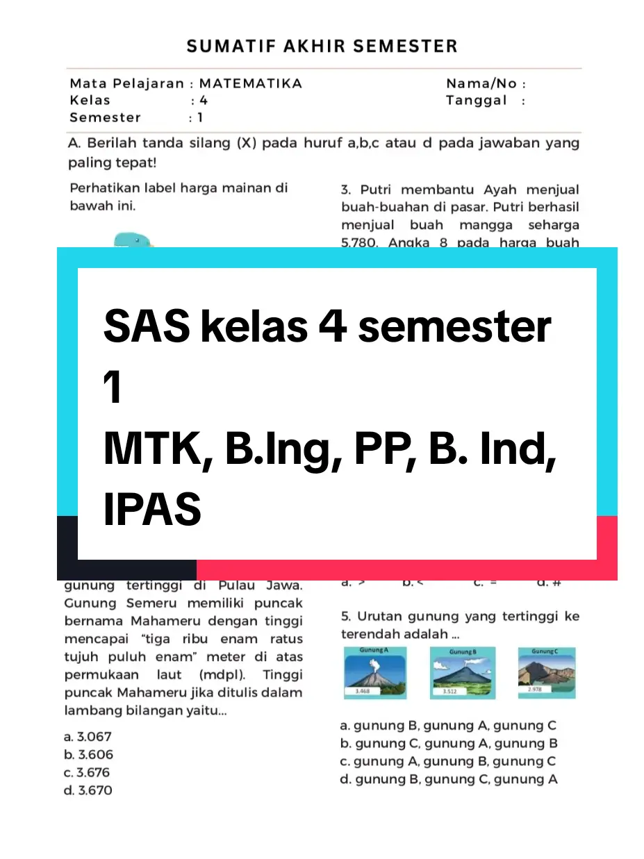 Latihan soal SAS kelas 4 semester 1. mapel matematika, B. Inggris, PP, B. Indonesia, IPAS#kurikulummerdeka #SAS #sumatifakhirsemester #latihansoal #kelas4 