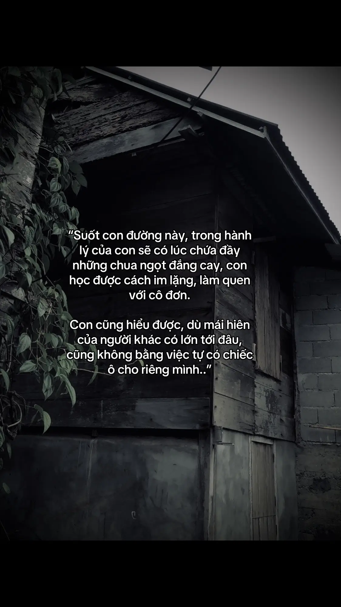 “Suốt con đường này, trong hành lý của con sẽ có lúc chứa đầy những chua ngọt đắng cay, con học được cách im lặng, làm quen với cô đơn. Con cũng hiểu được, dù mái hiên của người khác có lớn tới đâu, cũng không bằng việc tự có chiếc ô cho riêng mình..”