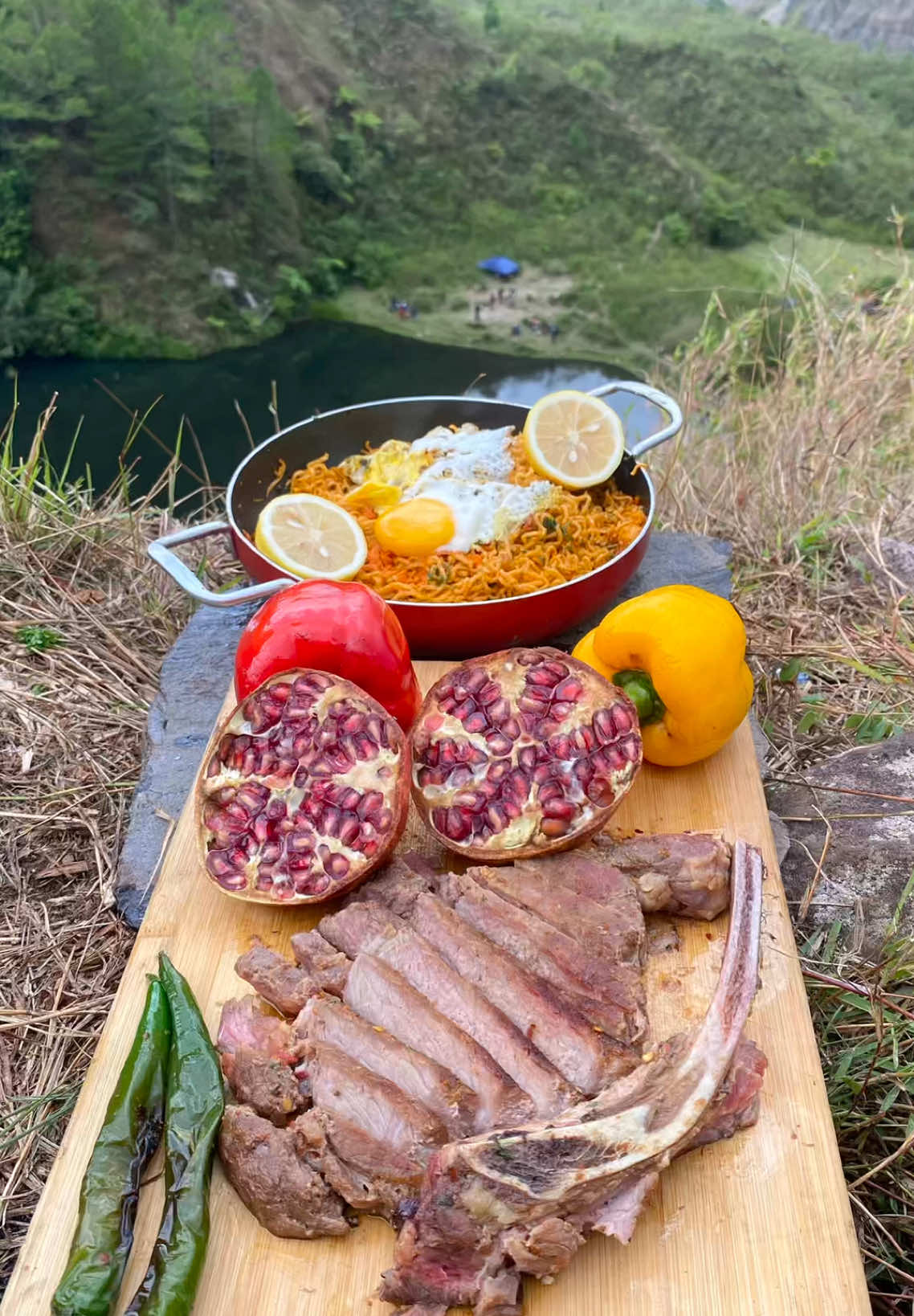 Tomahawk Steak with Mi Instant . . @Official BonCabe  #Officialboncabe  #BonCabe #SnackBonCabe  #SnackBonCabeMakroni  #GaBisaDiemً #camping #Hiking #makassar #sulawesiselatan #asmr #nature #mountain #steak #outdoorcooking #fyp #Outdoors 