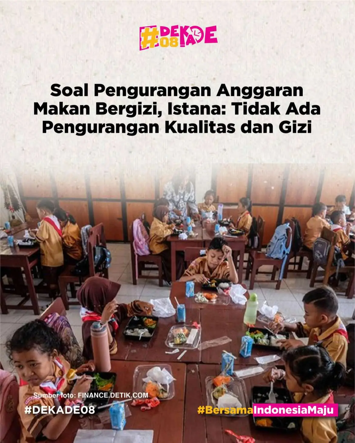 Tidak ada pengurangan gizi maupun kualitas dalam Program makan Bergizi Gratis yang akan dilaksanakan oleh pemerintah, meski nominal anggarannya menjadi Rp10 ribu per porsi. Juru Bicara Kantor Komunikasi Kepresidenan, Dedek Prayudi, menjelaskan hal itu dalam dialog Sapa Indonesia Malam, KompasTV, Minggu (1/12/2024), menjawab pertanyaan mengenai kualitas untuk per porsi Program Makan Bergizi Gratis setelah anggarannya diturunkan. Sumber: https://www.kompas.tv/nasional/557112/kantor-komunikasi-kepresidenan-sebut-tidak-ada-pengurangan-gizi-dan-kualitas-makan-bergizi-gratis #prabowo #gibran #pemerintah  #indonesiamaju #menujuindonesiamaju #dekade08 