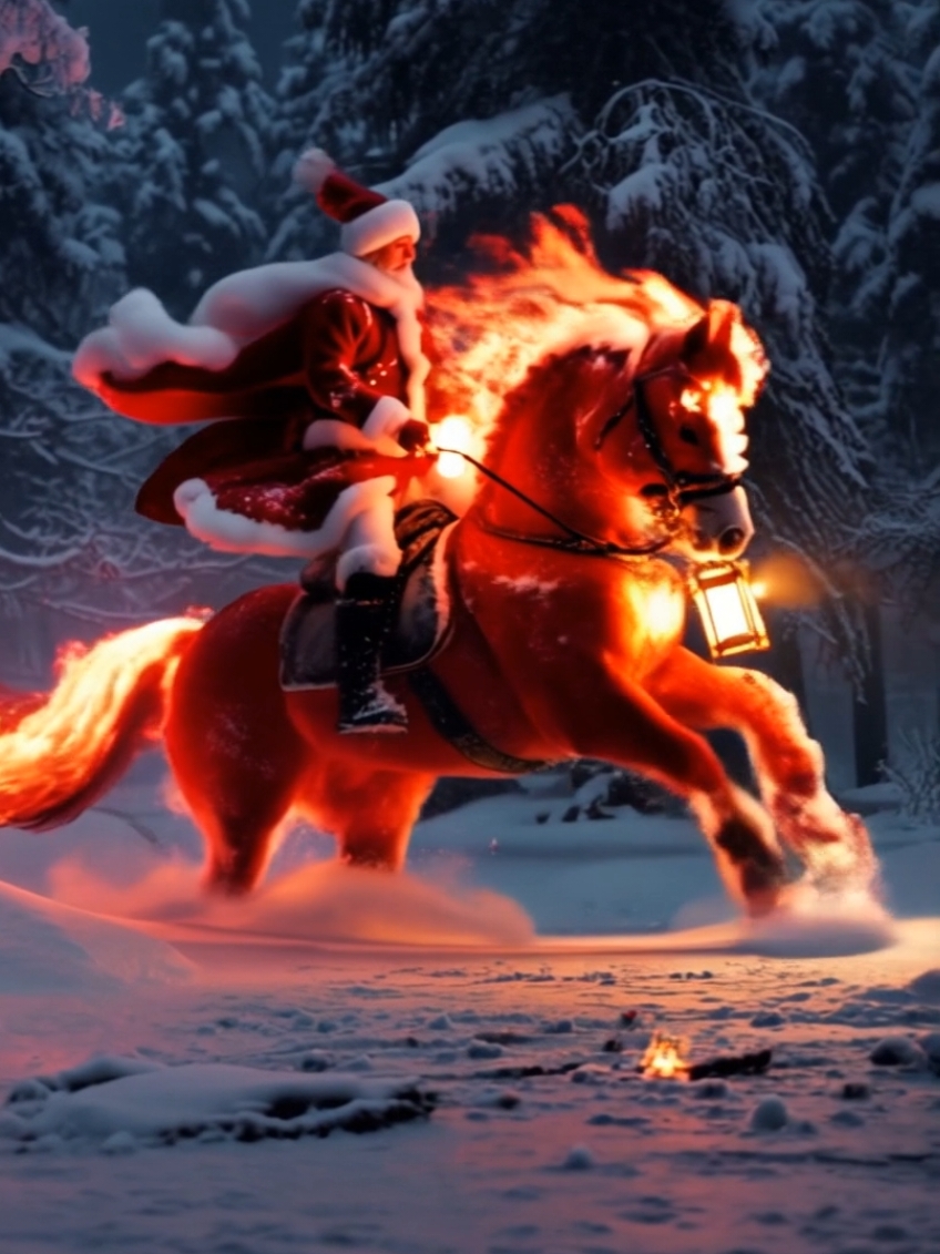 Santa Claus rides through a winter forest on a fiery steed, leaving trails of glowing embers and magic in his wake. This is Christmas like you've never seen before! What's your favorite part of the magic? #ChristmasMagic #SantaOnFire #HolidaySpirit #WinterWonderland #EpicSanta #Foryou #XmasVibes