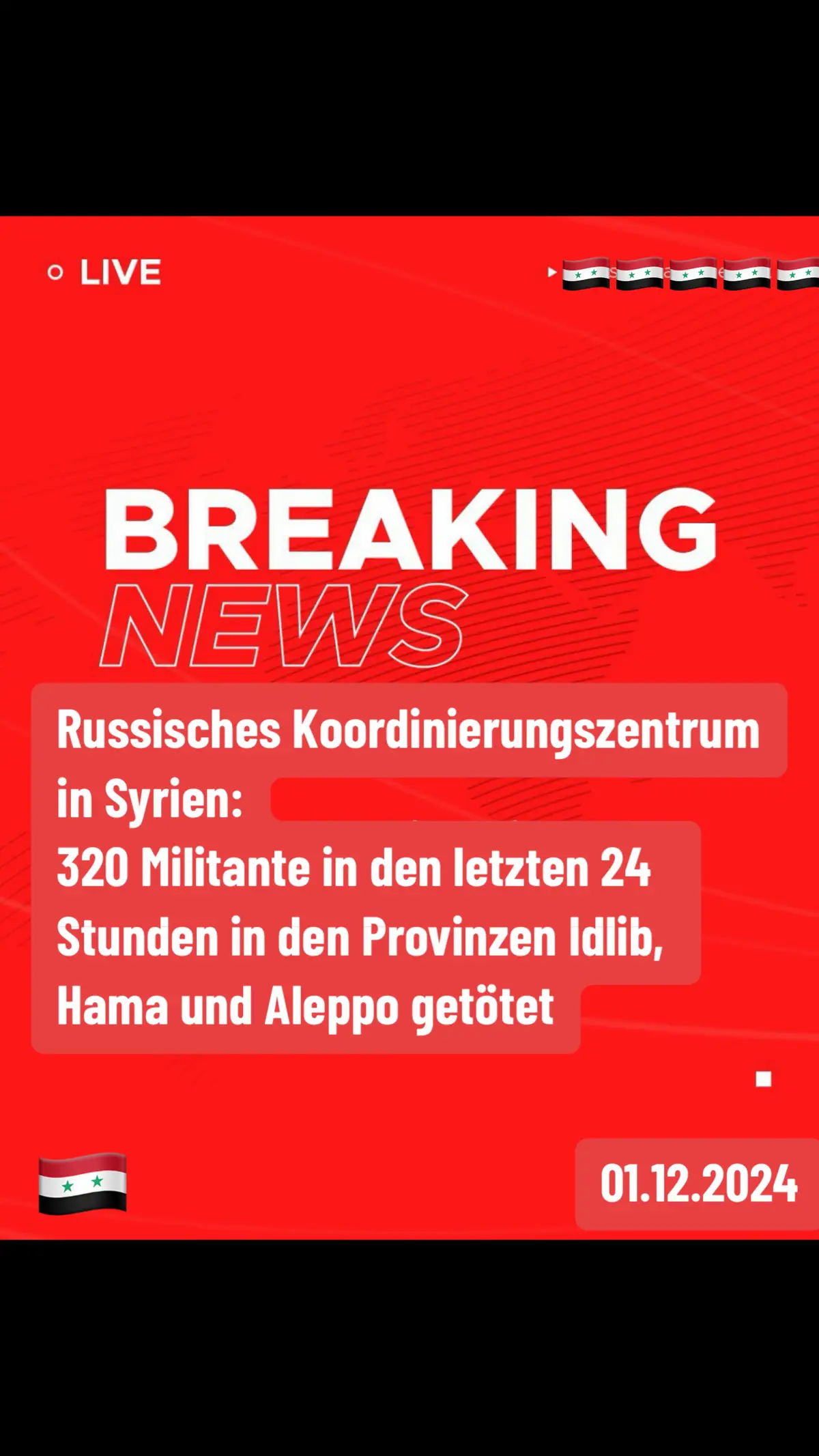 Das russische Verteidigungsministerium berichtete, dass die syrische Armee mit Unterstützung der russischen Luftwaffe Ansammlungen bewaffneter Gruppen in ganz Syrien, insbesondere in Aleppo und Idlib, angegriffen habe. Laut einem Update des russischen Koordinationszentrums in Syrien wurden in den letzten 24 Stunden in den syrischen Provinzen Idlib, Hama und Aleppo 320 Militante getötet. Ebenso gab das syrische Staatsfernsehen bekannt, dass bei Konfrontationen mit der syrischen Armee etwa 1.000 militante Terroristen getötet wurden. #fyp #pageforyou #viral 