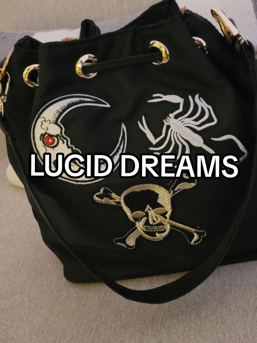 Lucid Dreams 🖤🌙🦂 #luciddreams #bucketbag #juicewrld #tinsel #tinselbags #emo #emotional #goth #handbag #fyp #Hippie #blackberries #black #patches 