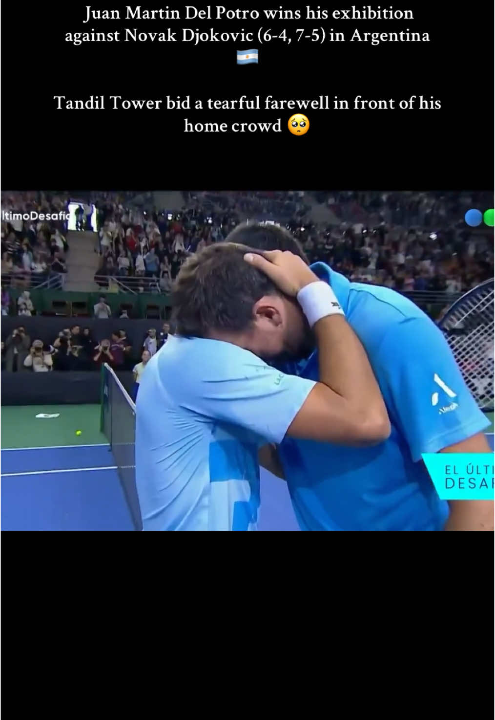 Juan Martin Del Potro bid a tearful farewell in front of his home crowd 🥹 #tennis #tennisplayer #djokovic #novakdjokovic #delpotro #exhibition #fyp 