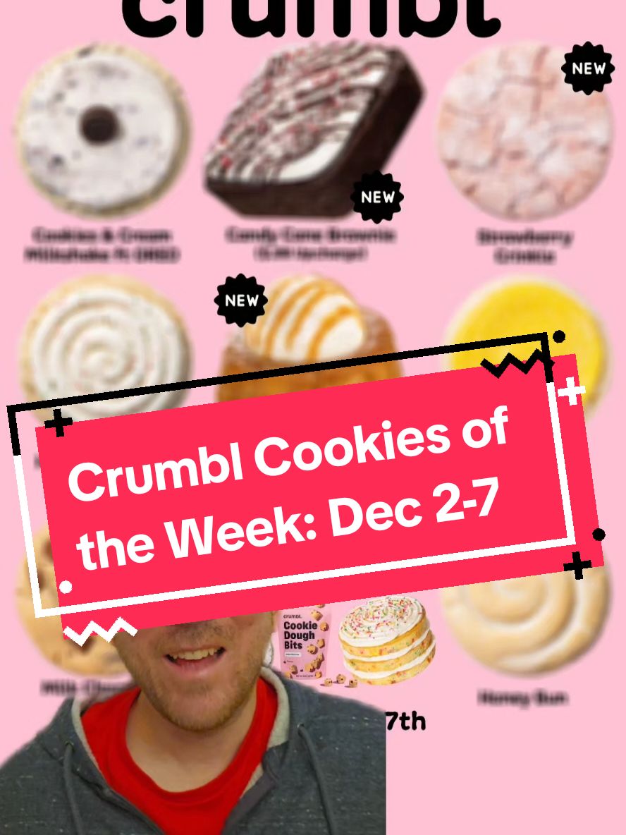 Crumbl has TWO new desserts, a new cookie, and then five returning cookies on top of that! NEW Candy Cane Brownie ($.99 upcharge): A rich brownie topped with a peppermint white drop buttercream, complete with a drizzle of semi-sweet ganache and a crunch of candy cane pieces. NEW Caramel Butter Cake ($1.49 upcharge): A warm, gooey caramel butter cake baked with a crunch of sugar crystals, then topped with a delectable toffee glaze, a smooth vanilla bean whipped cream, and a drizzle of caramel to finish.  NEW Strawberry Crinkle: A warm cake-y strawberry cookie rolled in crunchy sugar crystals and sprinkled with fluffy powdered sugar. Cookies & Cream Milkshake ft. Mini OREO: A chilly cookies & cream milkshake-inspired cookie bursting with OREO cookie pieces from the base to the creamy vanilla buttercream, and finished with a mini OREO cookie. Birthday Cake (Holiday): A cake batter cookie topped with smooth vanilla cream cheese frosting and festive sprinkles. Lemon Bar: A zesty lemon cookie smothered with lemon bar topping and a dash of powdered sugar. Honey Bun: A deliciously rich cinnamon cookie smothered with a honey butter glaze. Milk Chocolate Chip: The classic—you can't go wrong. Thick, soft, and packed with milk chocolate chips. If that's not enough options, you can also get mini cookies, celebration cakes, and cookie dough bits all week as well! I don't know how the stores keep up to be honest! Which Crumbl Cookies flavors do you want to try this week? I'm gonna need the Candy Cane Brownie, the Caramel Toffee Butter Cake, and I know my kid will want the OREO Milkshake and Holiday Birthday Cake cookies! . . . . #crumbl #crumblcookies #crumblecookies #cookies #cookielovers #cookierun #buttercake #brownies #oreocookies #oreos #oreo #birthdaycake 