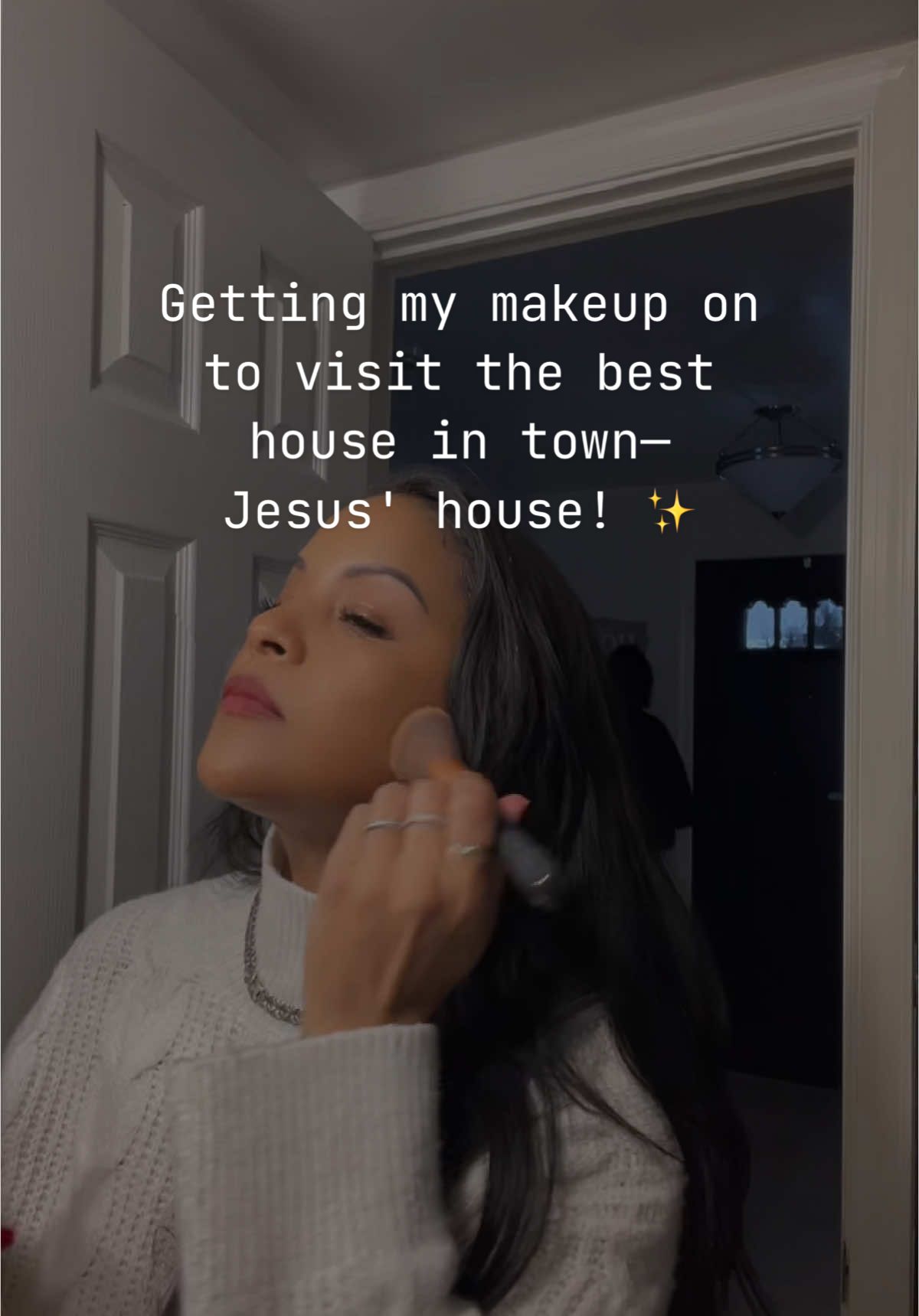 “Getting my makeup on to visit the best house in town—Jesus' house!  ✨ Time to shine inside and out this Sunday. #churchtiktok #churchready #childofgod #momof4 #momtoks #makeuptok 