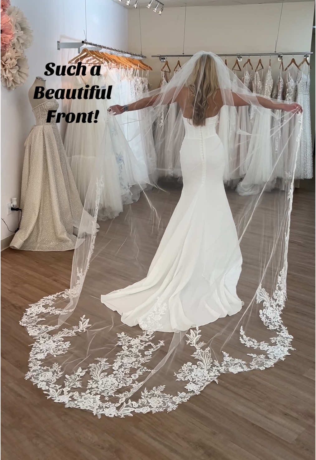 Pairing a chic gown with a long lacy veil creates a very romantic bridal look! #brideinspo #weddingideas #fypシ 