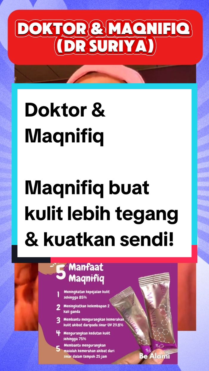 Maqnifiq Bukan Untuk Kesihatan Kulit saja?  Yaaa. Betul tu!  --  Tahu tak, dalam Maqnifiq ada satu bahan iaitu Ekstrak Rosemary.  Ekstrak Rosemary ni selain untuk perlindungan, Anti-Sinar UV dan melindungi sel kulit dari kerosakan.  Ia juga ada manfaat lain antaranya,  Ia bersifat anti radang dan baik untuk mereka yg ada masalah sendi.  Mak mak, ayah ayah semua wajib cuba Maqnifiq,  siapa tahu boleh lega sakit sendi pakej jadi lebih awet muda!  Selain itu, ekstrak rosemary didapati mempunyai kesan yg baik dalam mengurangkan keresahan.  Sebab tu bila minum Maqnifiq rasa tenang, mood happy je!  Dan yg terakhir, ekstrak  rosemary juga membantu mengurangkan batuk, penghasilan kahak & baik untuk mereka yg ada asma.  --  Sedikit tips untuk anda, kalau tengah sakit tekak, cuba makan serbuk maqnifiq collagen tu sikit sikit.  Insya-Allah lega sakit tekak  --  Jadi bagi sesiapa yg nak maqnifiq boleh terus roger Sis Nur sekarang! 👇  011 337 85782  .  #Maqnifiq  #MaqnifiqCollagen  #BelixzMaqnifiq  #BEInternational  #TestimoniMaqnifiq #BeyulSkincare #Beyul  #Aulora #AuloraSeries