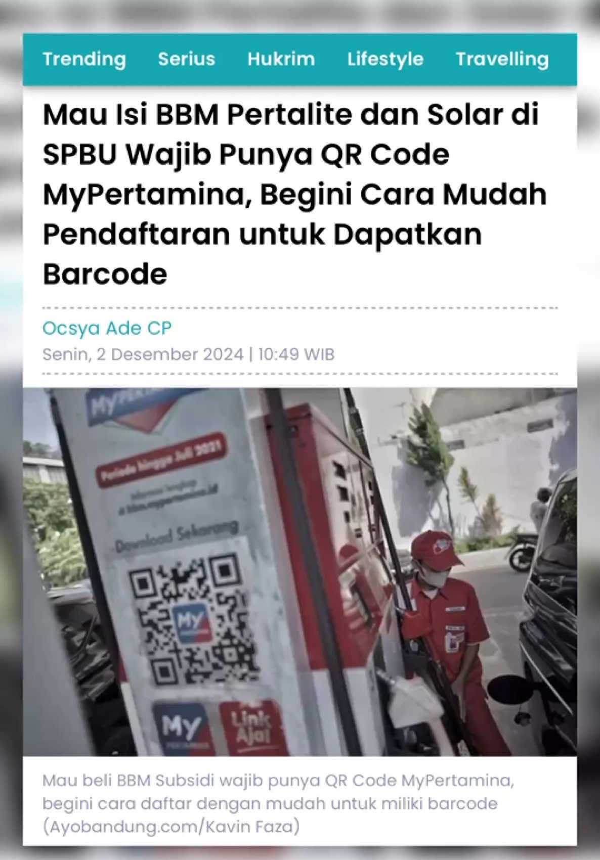Yang pakai mobil, wajib punya QR Code MyPertamina jika ingin isi BBM jenis Pertalite atau Solar. Dapatkan QR Code MyPertamina dengan mengklik poinfomedia.com atau https://www.poinfomedia.com/serius/64814066250/mau-isi-bbm-pertalite-dan-solar-di-spbu-wajib-punya-qr-code-mypertamina-begini-cara-mudah-pendaftaran-untuk-dapatkan-barcode #poinfomedia #promediateknologiindonesia #promedia #mypertamina #pertamina 