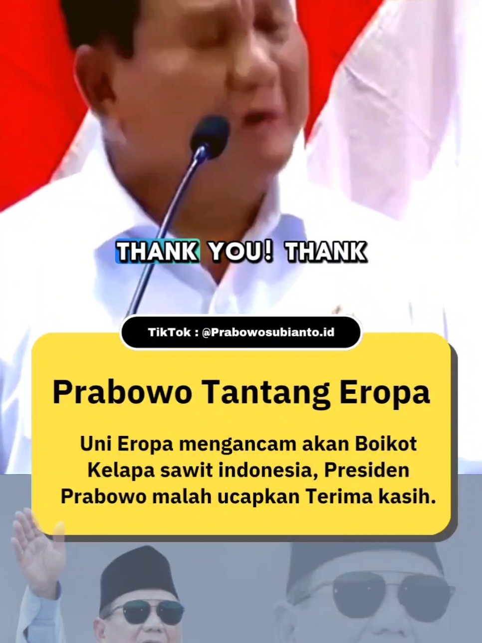 Presiden terpilih Prabowo Subianto mengaku bersyukur jika Uni Eropa memboikot kelapa sawit Indonesia. Prabowo justru berterima kasih dengan larangan masuknya kelapa sawit Indonesia ke Uni Eropa. Dengan begitu, akan tercipta swasembada energi, termasuk dari kelapa sawit. “Kalian mau larang, kalian larang kelapa sawit kita masuk ke Eropa, saya katakan thank you very much, terima kasih. Kami akan gunakan kelapa sawit kami untuk kepentingan rakyat kami, kami akan swasembada energi,” ujar Prabowo dalam acara Penutupan Kongres PAN 2024, Minggu (28/8/2024). Menurut Prabowo, pernyataan tersebut dia sampaikan saat bertemu Presiden Prancis Emmanuel Macron beberapa waktu lalu. Prabowo mengatakan bahwa Macron sempat membicarakan terkait kebijakan boikot kelapa sawit Indonesia di Uni Eropa. Namun, Menteri Pertahanan itu mengaku bersyukur jika Uni Eropa tidak ingin membeli kelapa sawit Indonesia. Terlebih, Prabowo mengungkap bahwa kini Indonesia menjadi produsen kelapa sawit terbesar di dunia. #prabowosubianto #prabowo #gibranrakabuming #indonesia🇮🇩 