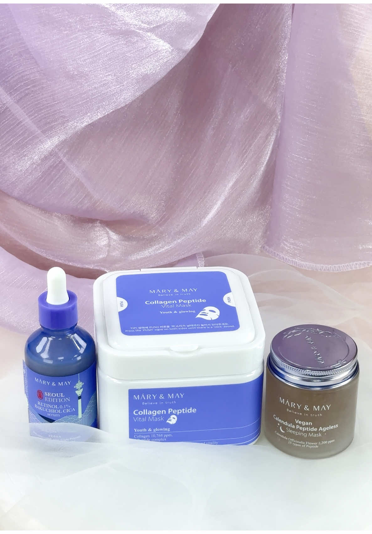 Who doesn't love purple skincare?😍💜 Here's a Mary&May nighttime routine for plump and glowy skin✨ #marynmay #cleanbeauty #kbeauty #koreanskincare #skincare #serum #retinol #bakuchiol #peptide #collagen #sheetmask #sleepingmask #skincareroutine #nighttimeroutine #glowyskin #skintok #fyp 