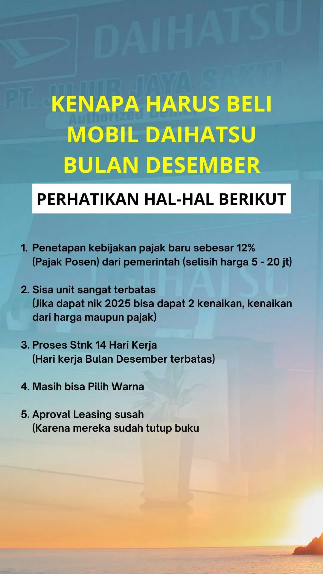 Harga mobil naik, PPN juga naik! Unit terbatas, proses STNK lama, dan approval leasing susah. Tapi tenang, masih ada kesempatan di bulan Desember ini! #belimobil #promoakhirtahun #tipsbelimobil