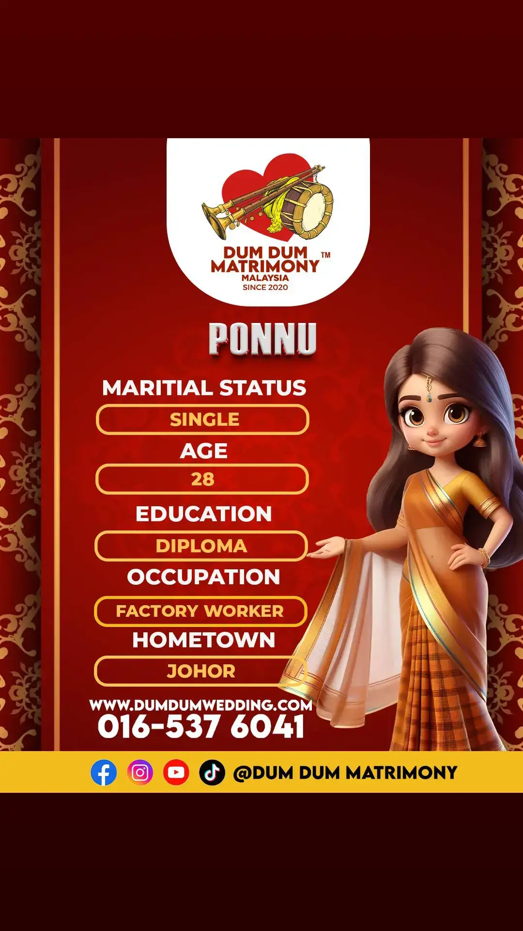 Find your soulmate effortlessly with Dum Dum Matrimony! All profiles are secure and verified. 🔗 Register for FREE at www.dumdumwedding.com 💬 Chat with us on WhatsApp: https://api.whatsapp.com/send?phone=+60165376041 By Malaysians, for Malaysians—where true connections begin! #DumDumMatrimony #LoveUnfiltered #IndianWedding #TamilMatrimony #MalaysiaViral #SoulConnection #FYPViral #LoveGoals #Matrimony #HinduWedding #CoupleGoals #soulmatchmaking #matrimony #wedding #bride #groom