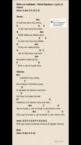 Respondendo a @jesofinhotimora  Metal Maubere - Mehi Sai Realidade | Lyrics & Chord 🤘👹 #chordgitar #Iloveguitar #CapCut #fyp 