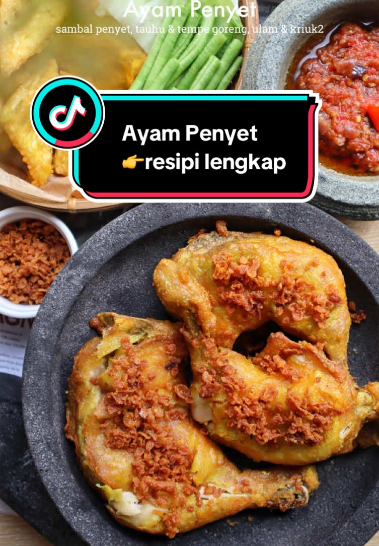 Peminat Ayam Penyet..lessgoo. Kalau uolls suka makan ada kuah, boleh gunakan sup rebusan ayam tu sebagai kuah..Sedappp oo, rugi klu buang je AYAM PENYET --------------- Saiz Hidangan: 3 org . Rebusan Ayam: 2 inci Kunyit 2 sb Biji Ketumbar 8 ulas Bawang Putih *kisar dgn sedikit air 3-4 cwn Air 2 btg Serai (ketuk) 2 kpg Lengkuas (ketuk) 2 hli Daun Bay/ Salam  5-6 hli Daun Limau Purut 3 ketul Ayam (peha atau mana2 bhgian) Garam Serbuk Lada Putih Perasa / Kiub Ayam . Tepung Gorengan: 3 senduk Air Rebusan 3 sb Tepung Gandum 3 sb Tepung Beras 3 sb Tepung Jagung Tempe & Tauhu Secukupnya Kriuk2: Lebihan tepung goreng  Air Rebusan Sambal: 4 bj Lada Merah Besar 15 bj Cili Api Merah 1 bj Tomato / Ceri Tomato 3 ulas Bwg Putih 1 bj Bwg Merah 1 in Belacan Garam Gula Merah Perasa Jus Limau Nipis . Ulam mentah: Kubis & Kacang Panjang . #ayampenyet #foryou #fyp #foryoupage #foryourpage #kriukkriuk #homemade #menurumahan