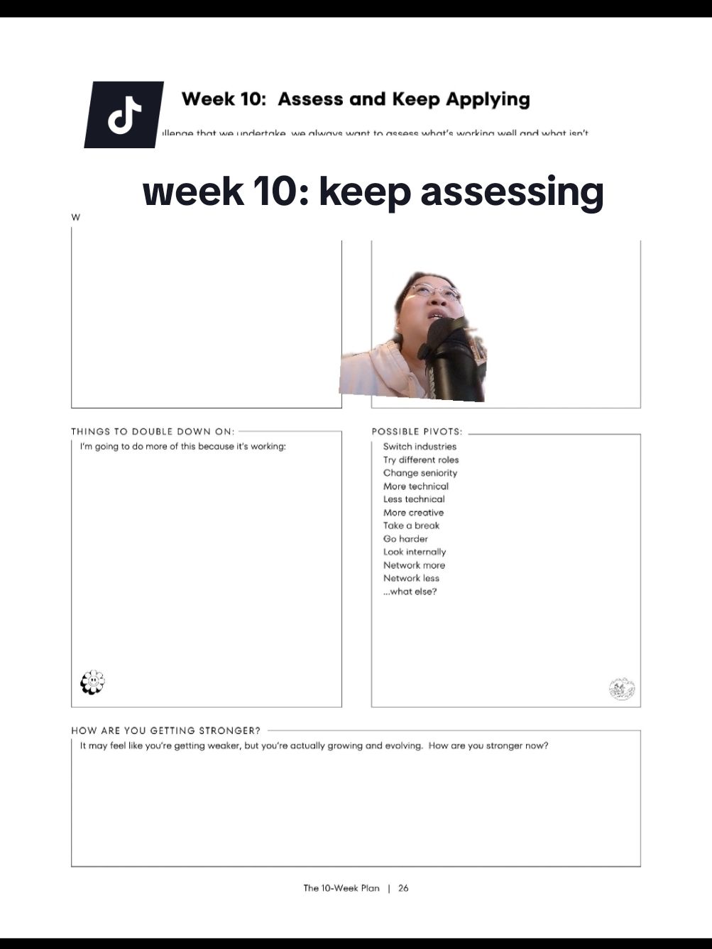 Week 10: Always be assessing and evaluating your own progress. what's working well and how can I double down on that?