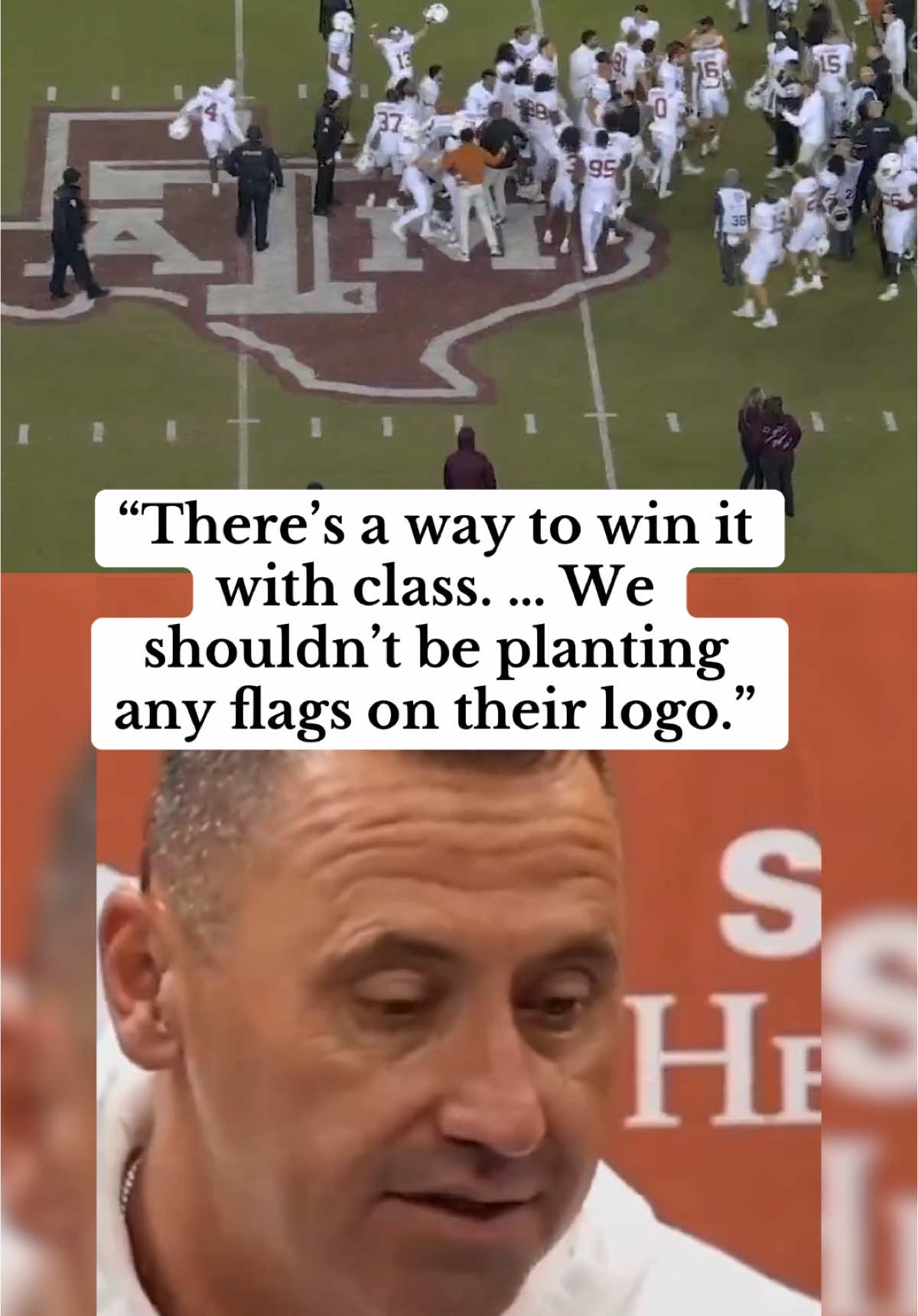 Texas HC Steve Sarkisian explains why he stopped Texas from celebrating on the Texas A&M logo (via @Texas Football) #texas #football #CollegeFootball 