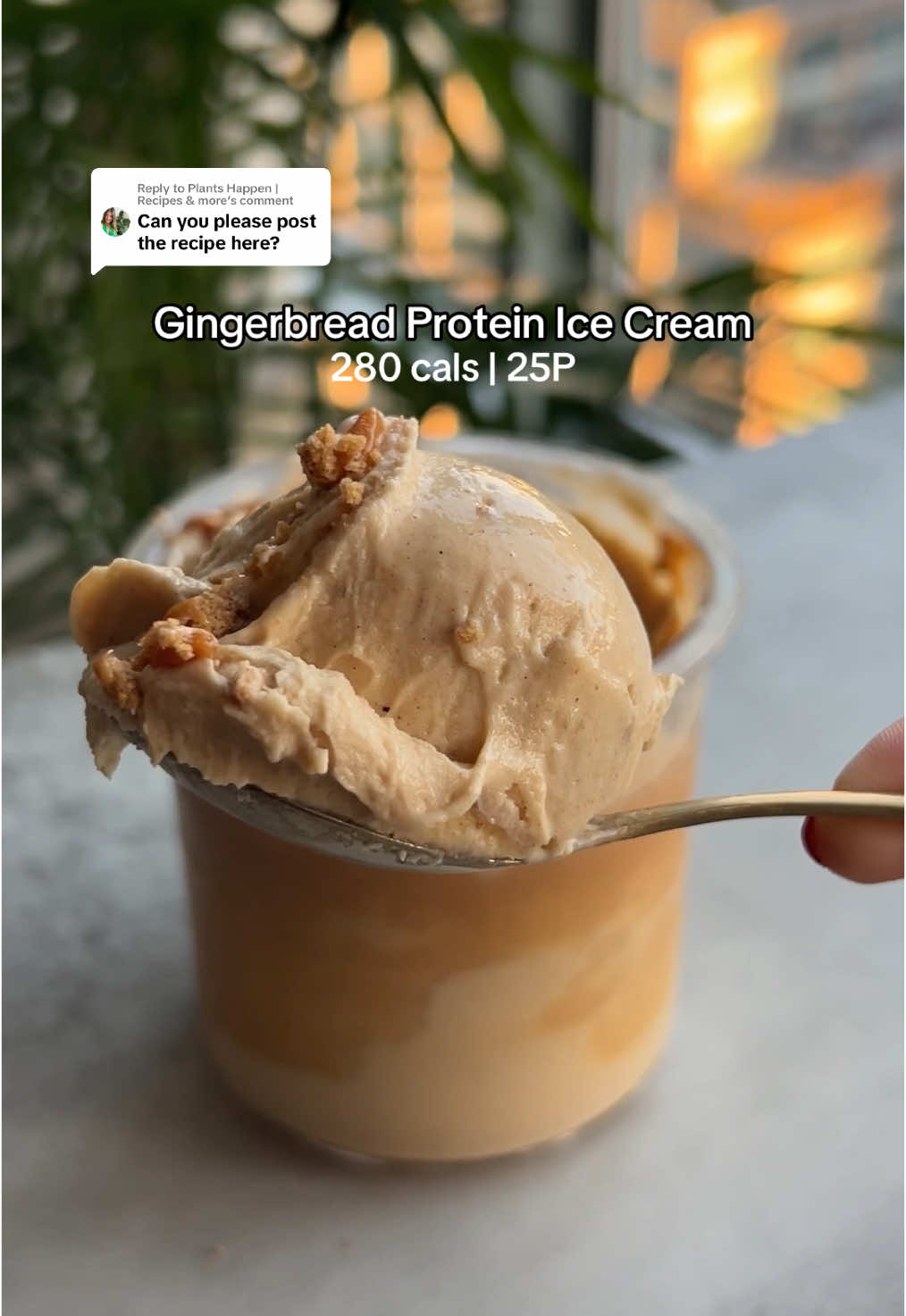 Replying to @Plants Happen | Recipes & more  Gingerbread Protein Ice Cream 🏠🍪🍦 Macros (entire pint): 284 cals, 25P, 32.5C, 6.5F Ingredients: -200ml @fairlife skim milk -200ml unsweetened almond milk -15g @pescience snickerdoodle protein powder (Discount code FIT15) -1g xanthan gum -4g Jell-O fat free vanilla pudding mix  -15g @lakanto brown Monkfruit -15g fancy molasses -2g cinnamon -1g nutmeg -1g ginger  -2 mini ShaSha gingerbread cookies (about 10g) -5g biscoff drizzle  Directions:  -Add all the ingredients except the last two into the container and shake to combine, then freeze for 24 hours -Prepare ice cream according to Ninja Creami instructions. I used the “light ice cream” setting first -Pour a tbsp of unsweetened almond milk into the ice cream, then add the gingerbread men, then select the “mix-in” setting -Top with biscoff drizzle   -Grab a spoon and dig in 🥄🫶 #highprotein #lowcalorie #macrofriendly #proteinicecream #ninjacreami #creamiicecream #lowcalorieicecream #pescience #lakanto #gingerbread #gingerbreadicecream #fairlife #fairlifemilk 