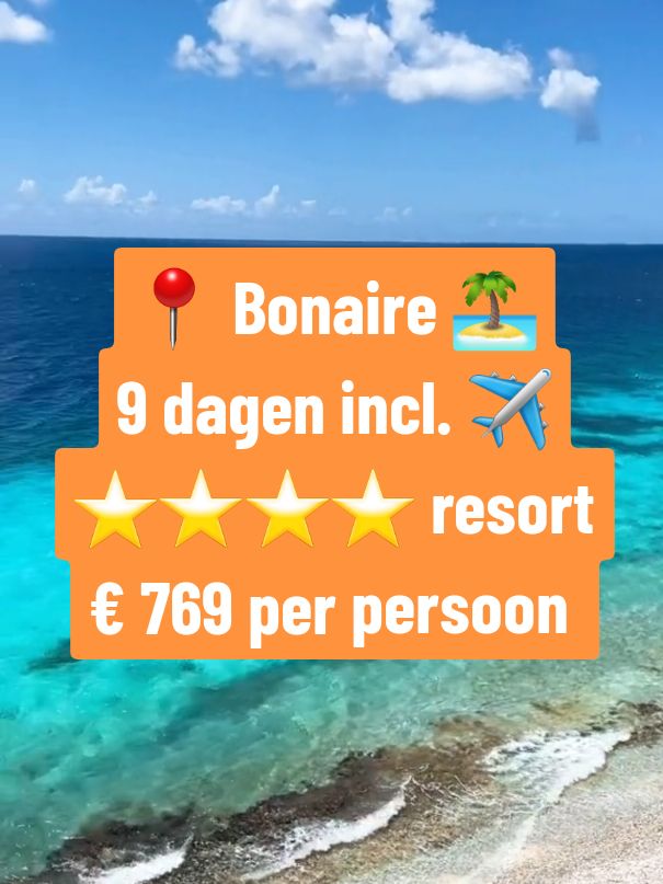 📍 Kralendijk, Bonaire 9 dagen incl. ✈️ AMS ⭐️⭐️⭐️⭐️ resort € 769 per persoon Wordt jij hier ook zo blij van? #meervakantievoorminder #bonaire #kralendijk #bonaireresort